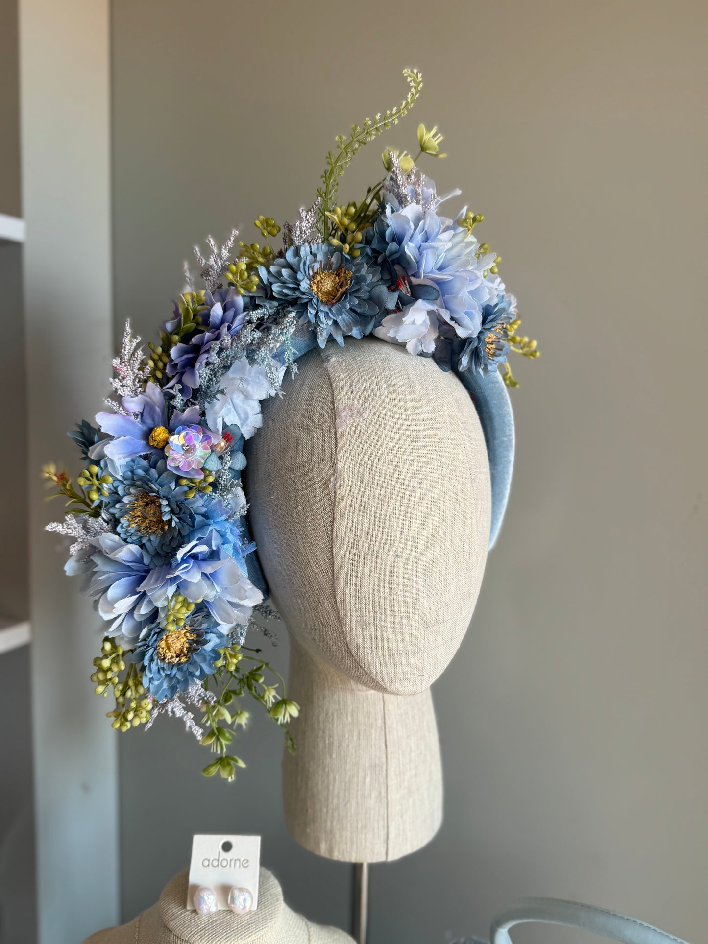 “Kaeleigh” soft blue floral fascinator