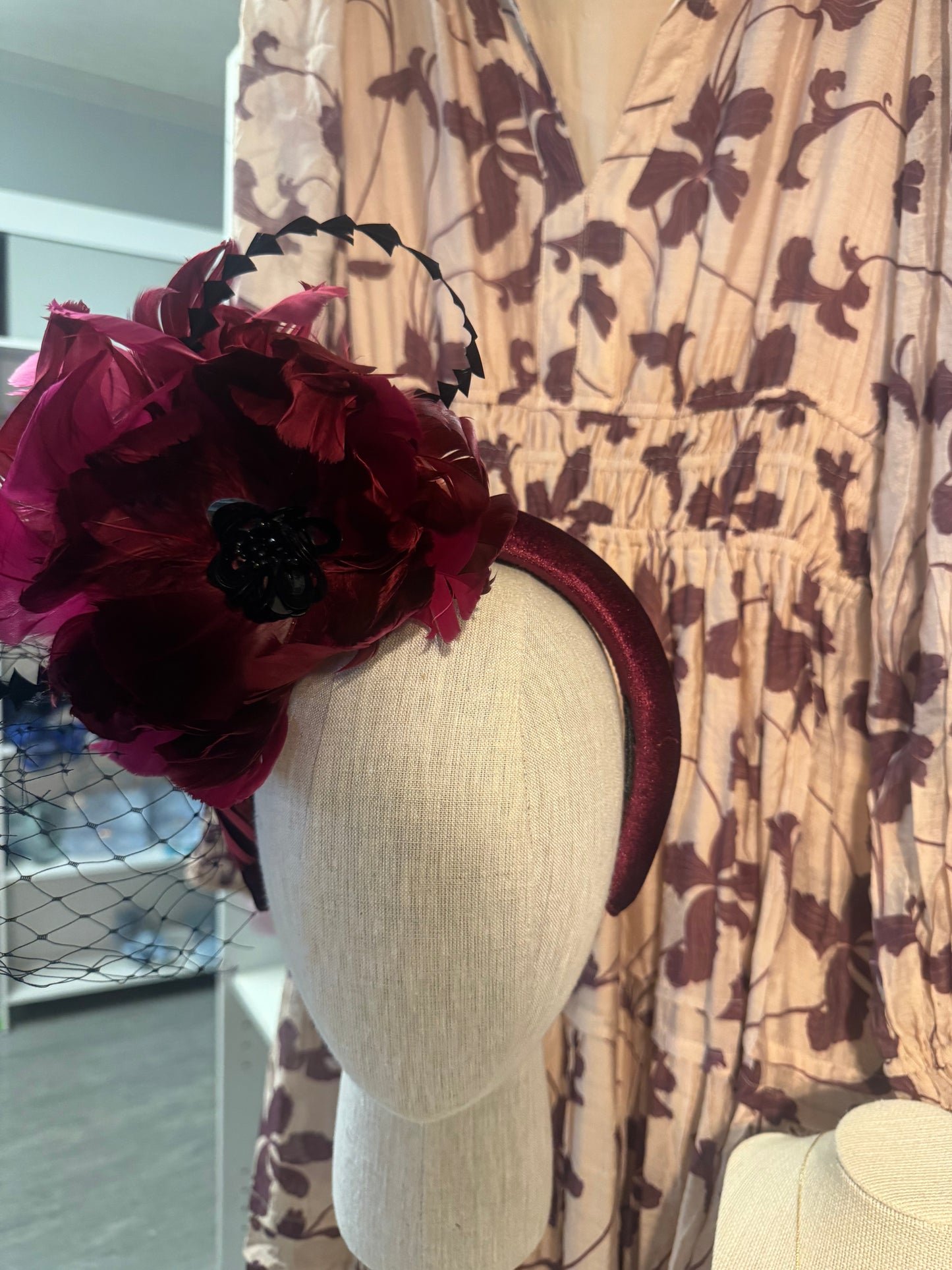 “Morgan” burgundy magenta feather fascinator