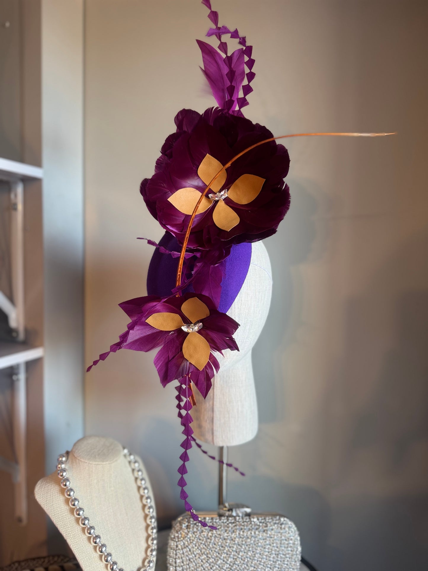 “Mimi” purple and tan feather felt/wool pillbox