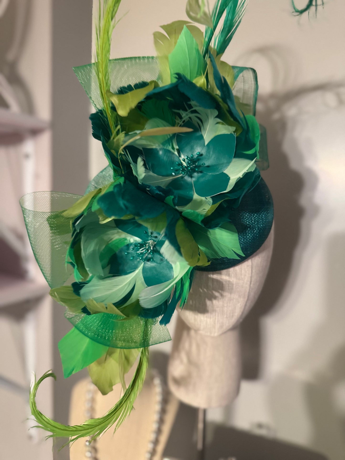 “Simmie” Green feather floral statement