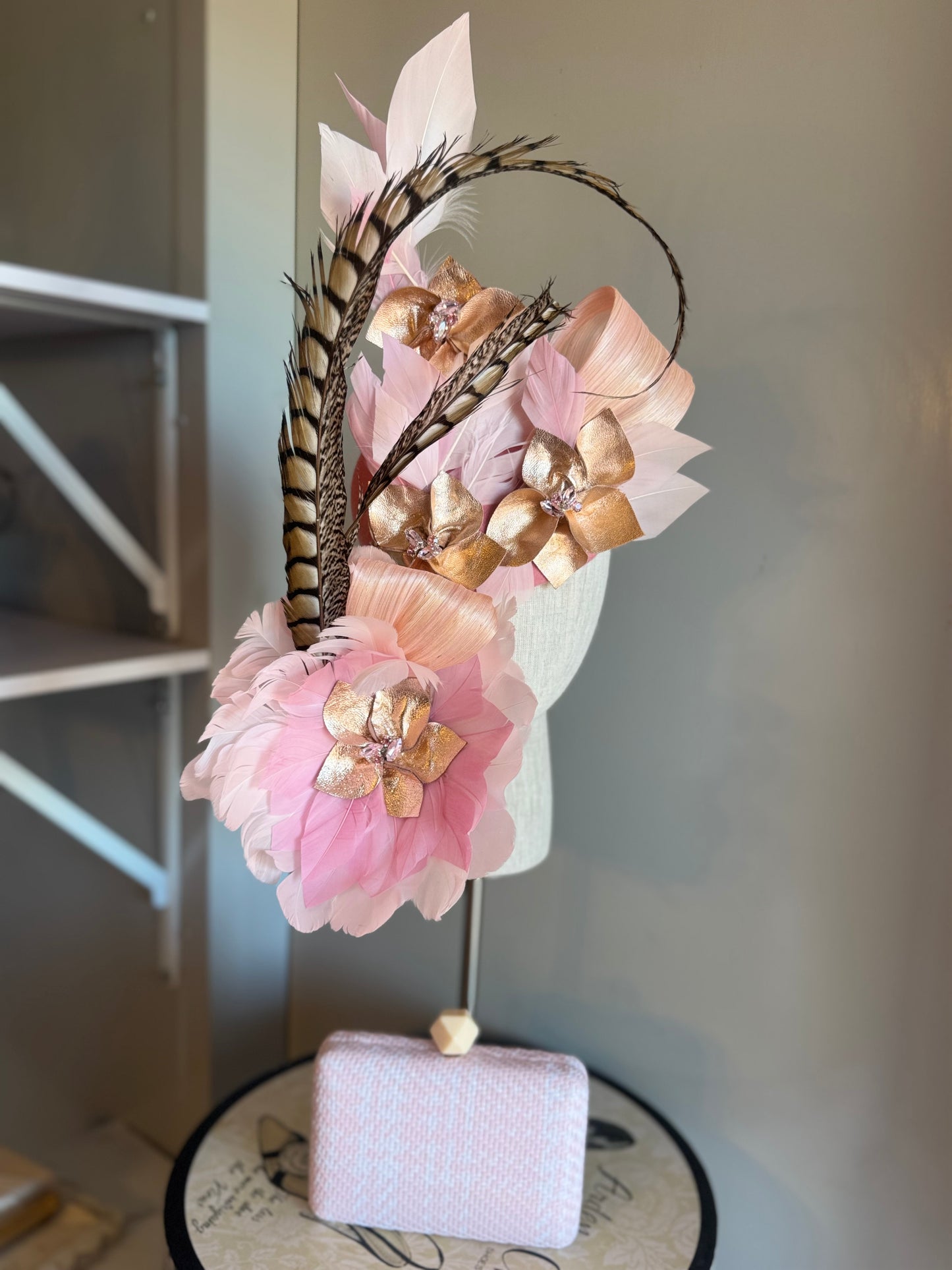 “Maggie” pink feather felt/wool & leather statement pillbox