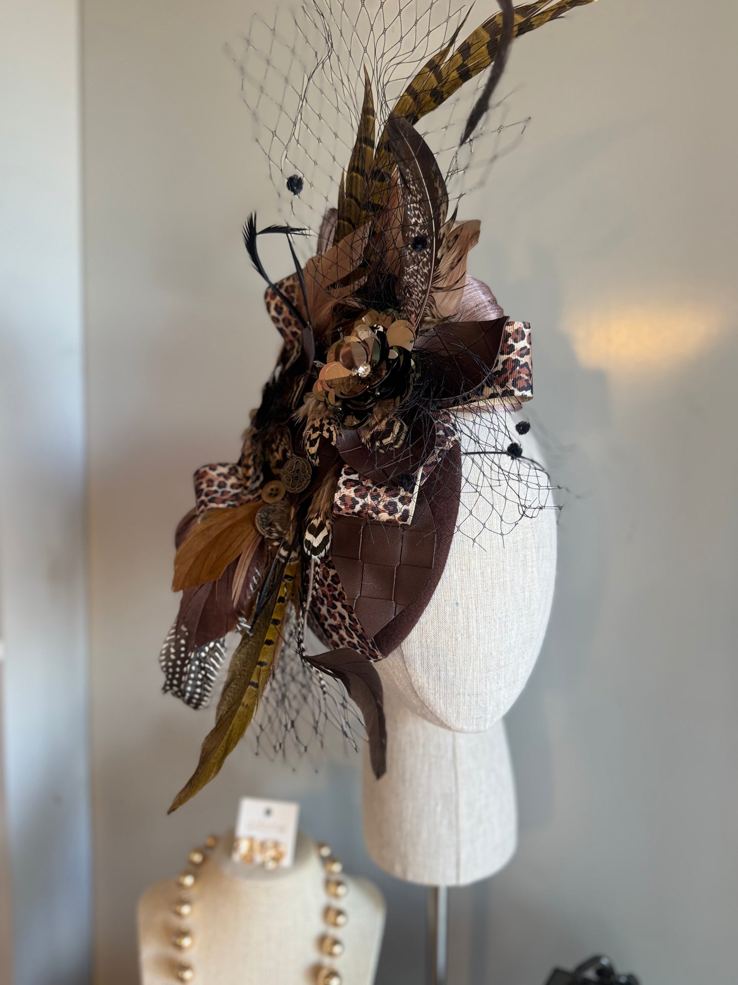 “Clemintine” chocolate leopard statement felt/wool pillbox