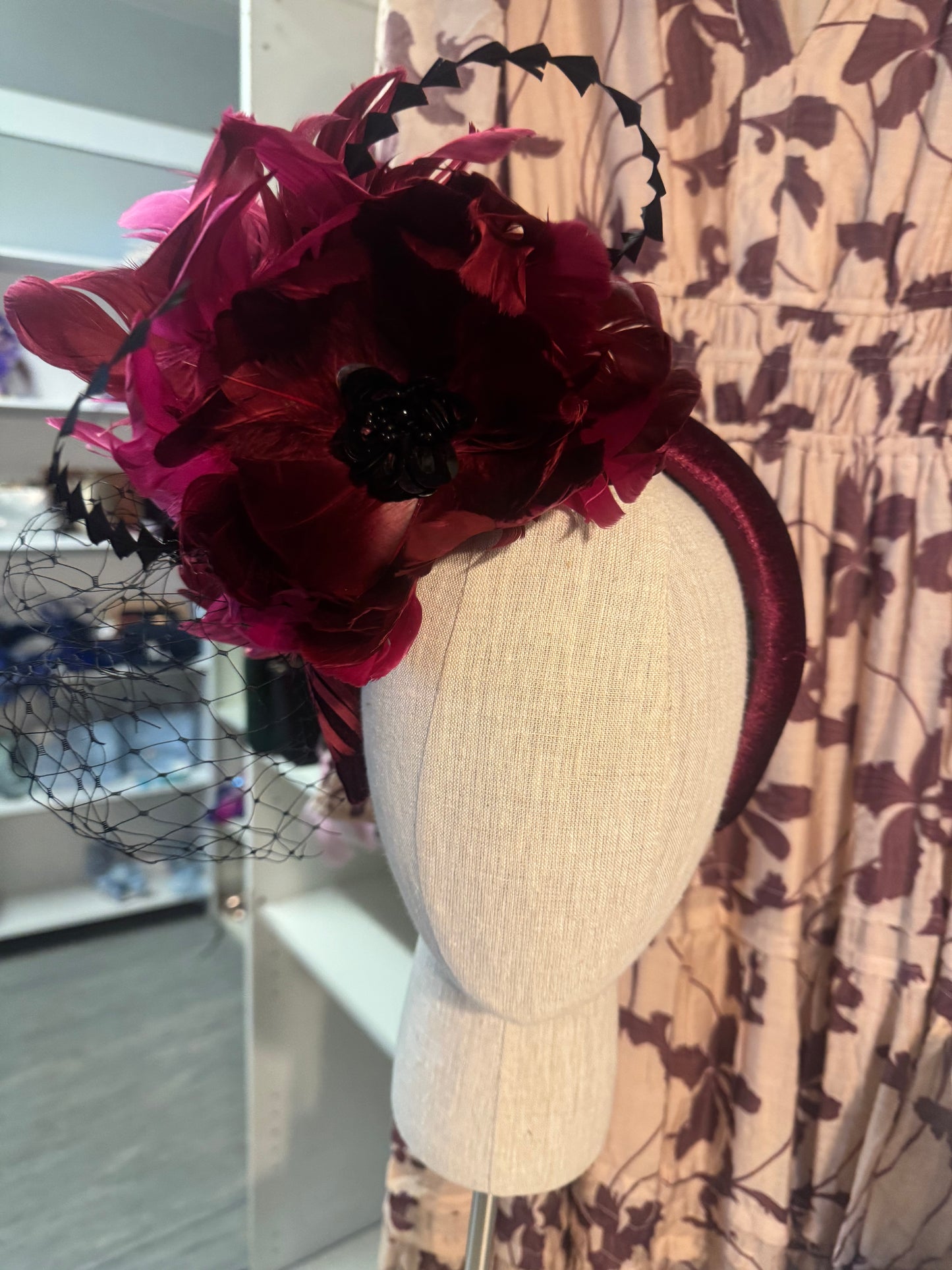 “Morgan” burgundy magenta feather fascinator