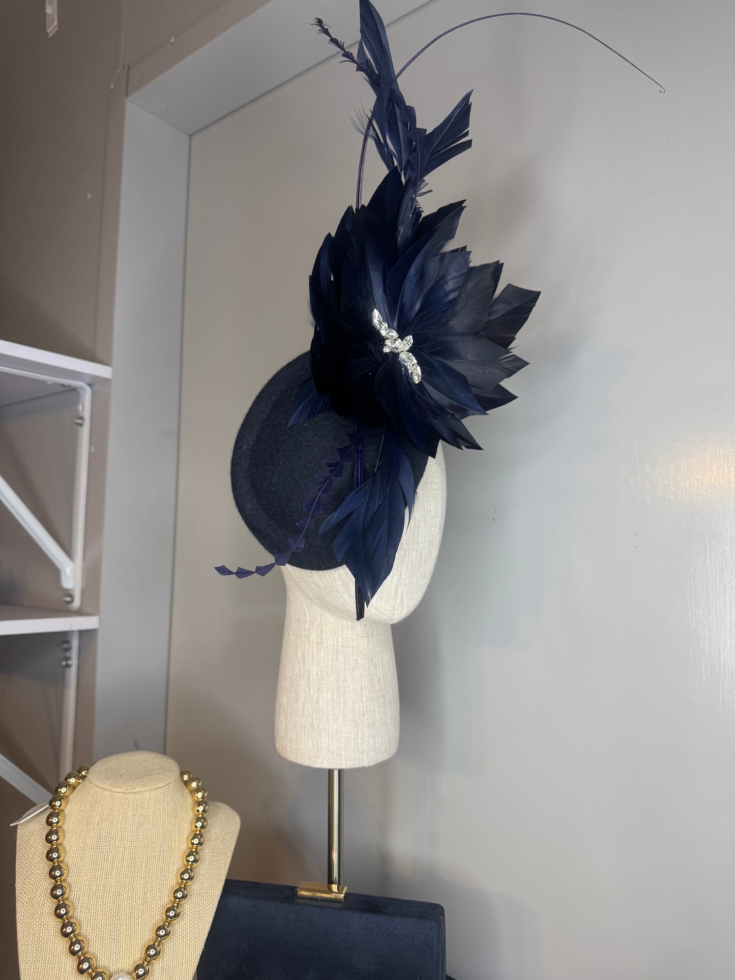“Georgia” Navy feather felt/wool statement pillbox