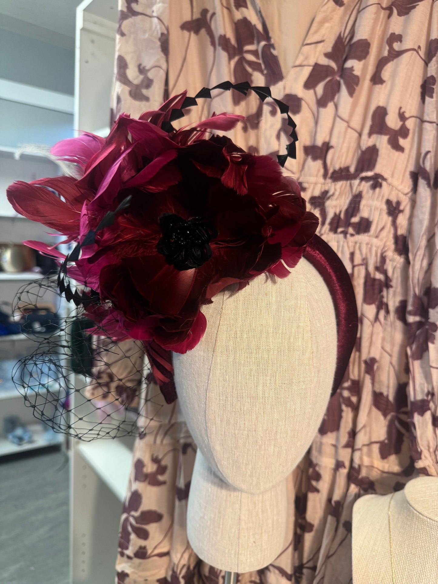 “Morgan” burgundy magenta feather fascinator
