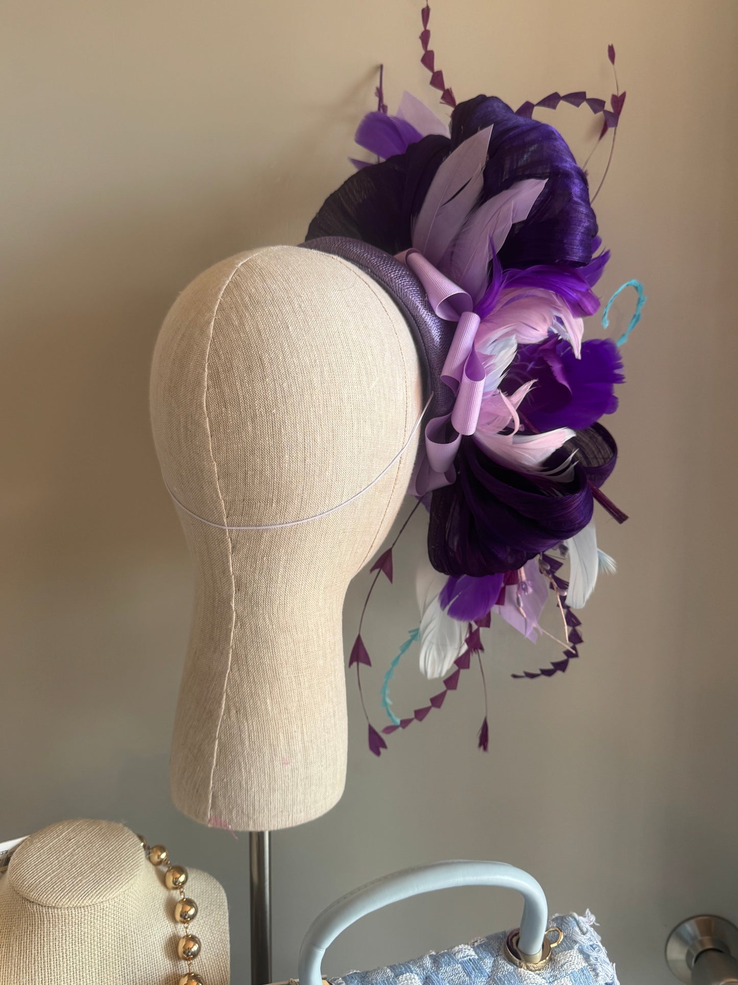 “Megan” purple,blue & turquoise feather floral statement