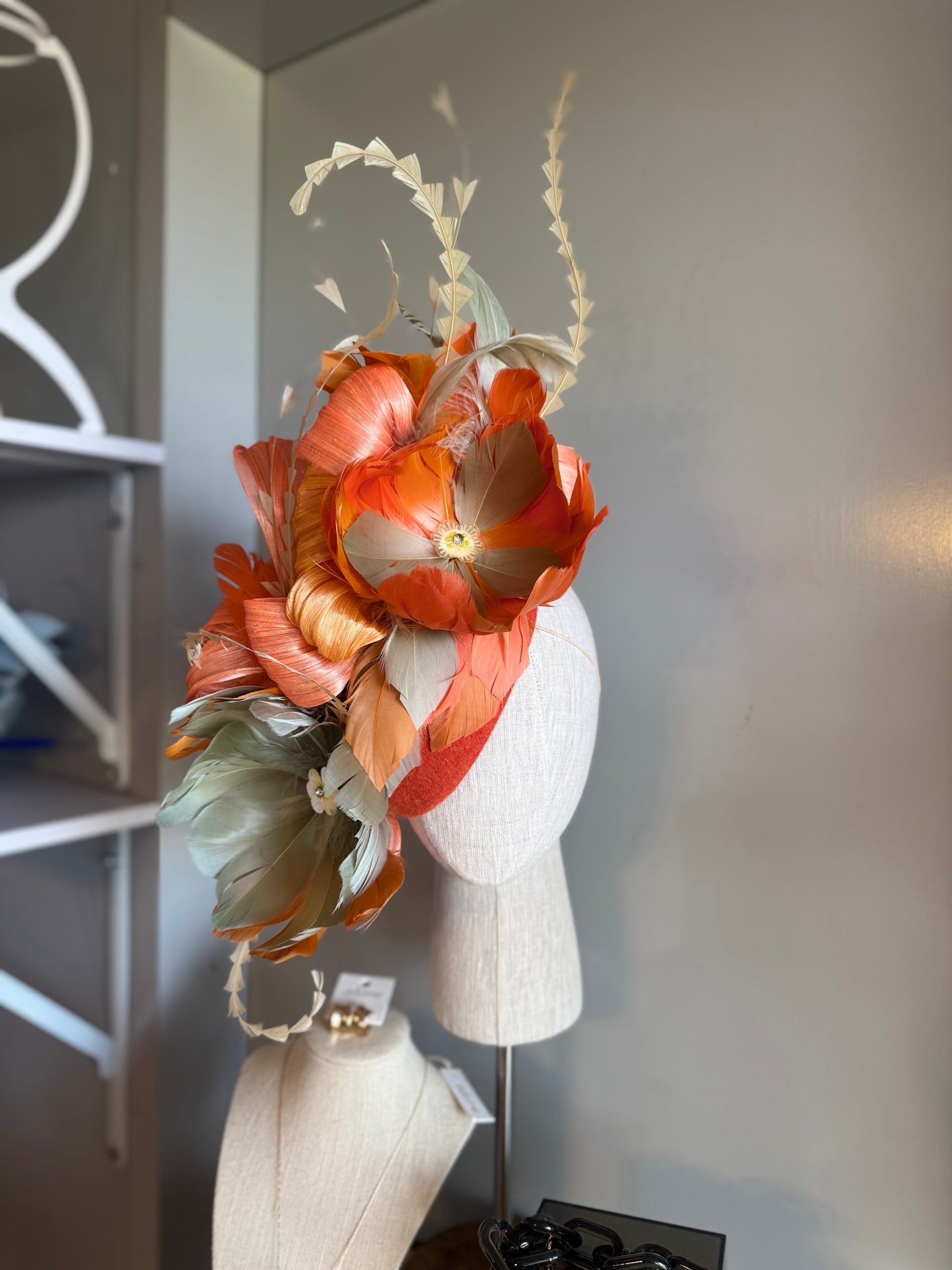 “August” orange,coral and moss feather statement