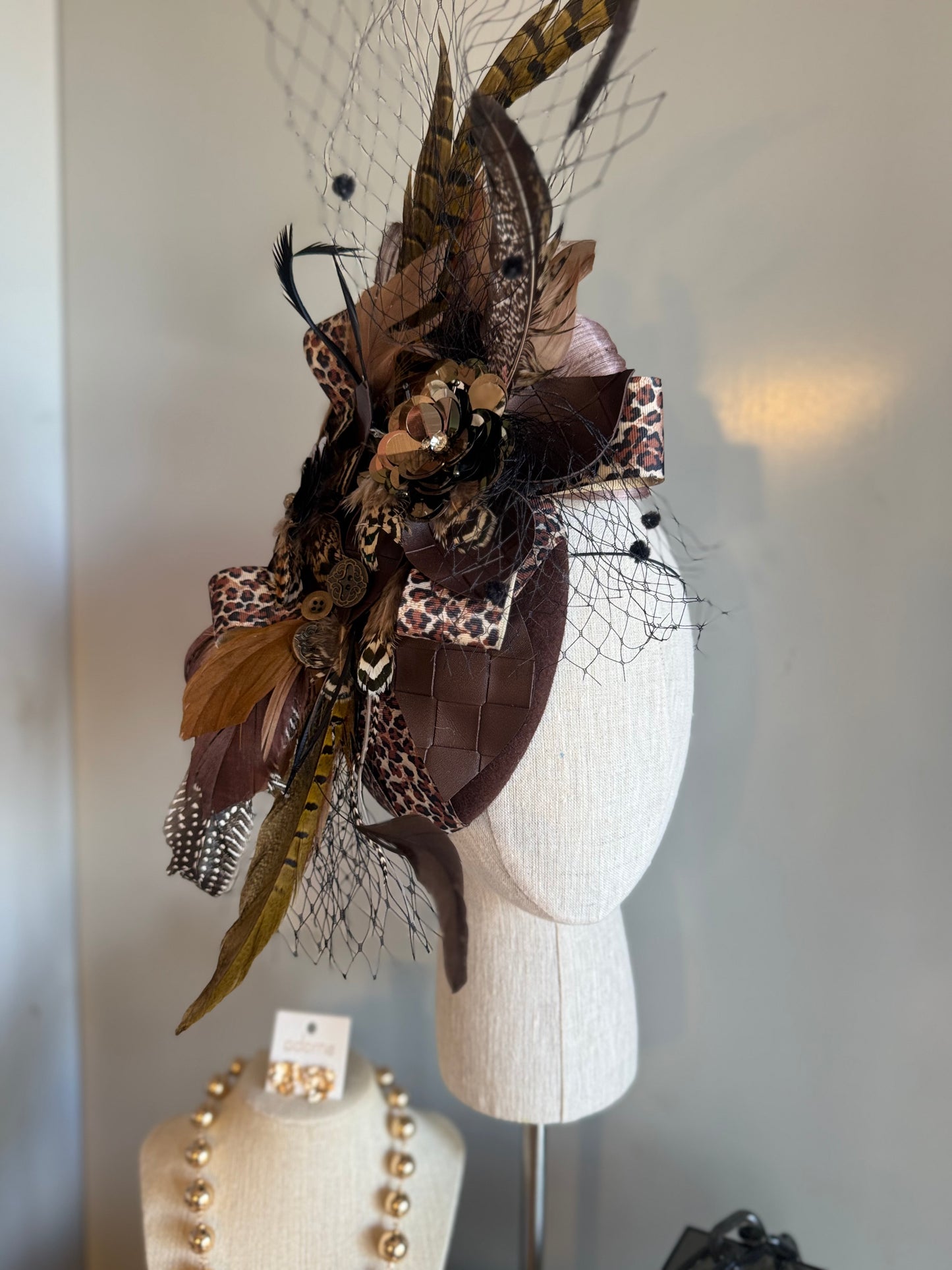 “Clemintine” chocolate leopard statement felt/wool pillbox