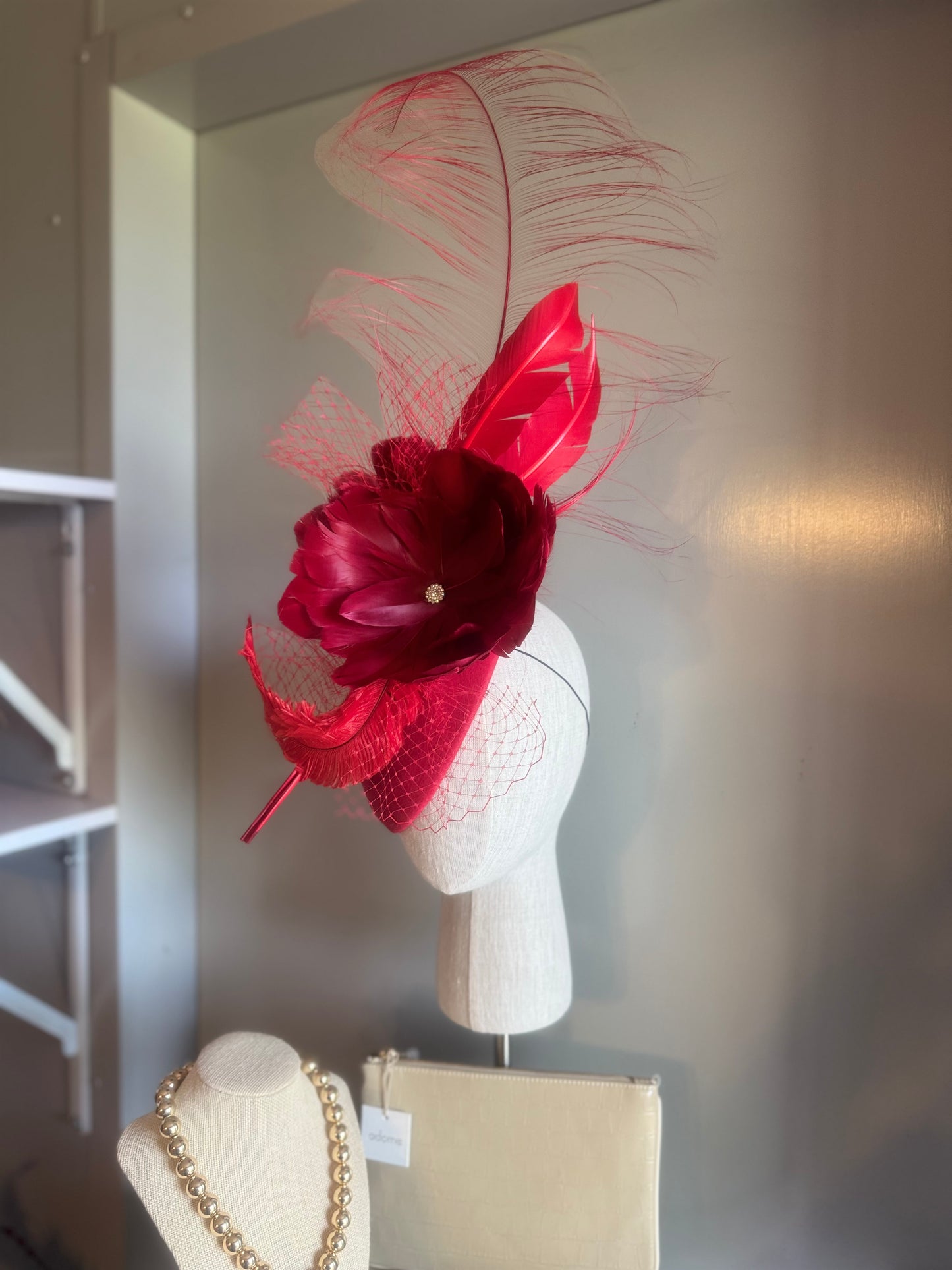 “Porsha” red feather statement pillbox