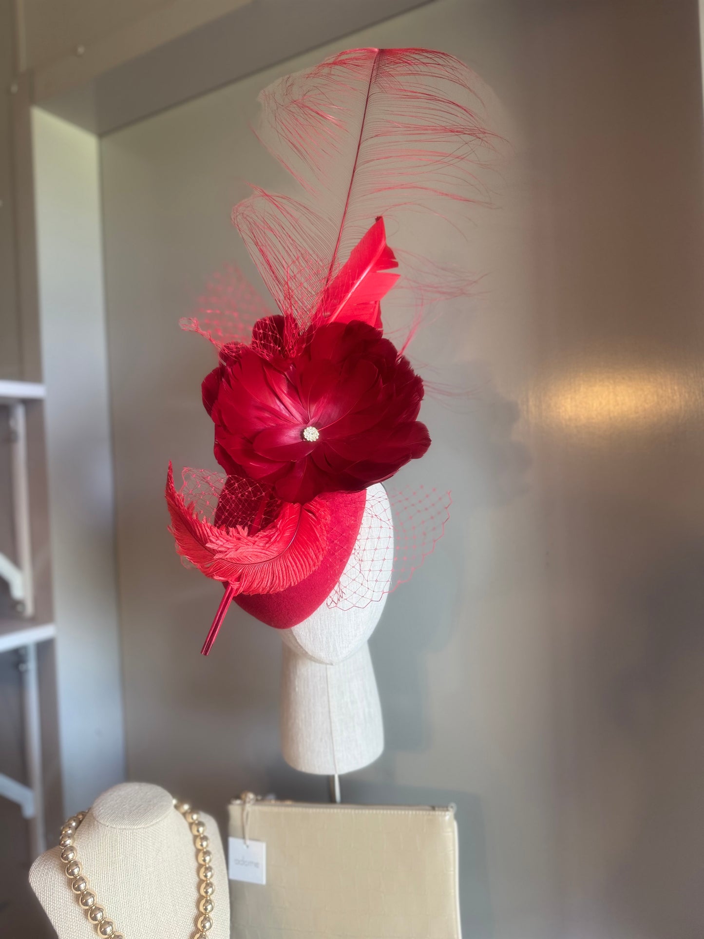 “Porsha” red feather statement pillbox