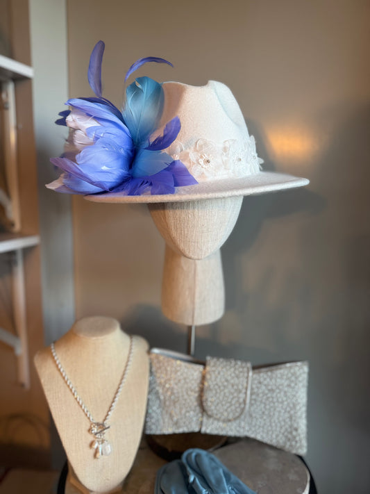 “Clarissa” white & blue trilby hat