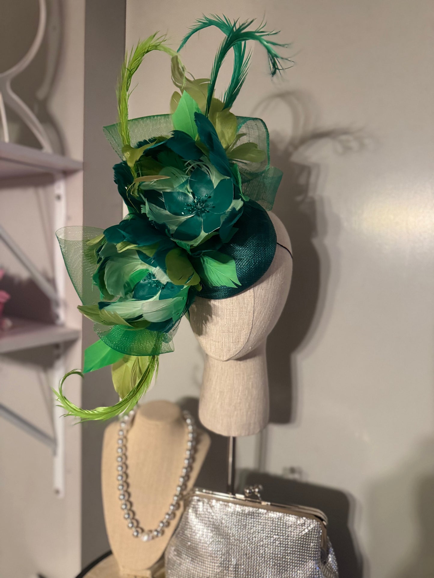 “Simmie” Green feather floral statement