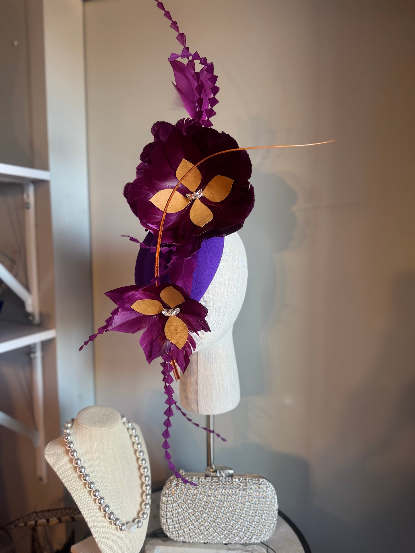 “Mimi” purple and tan feather felt/wool pillbox