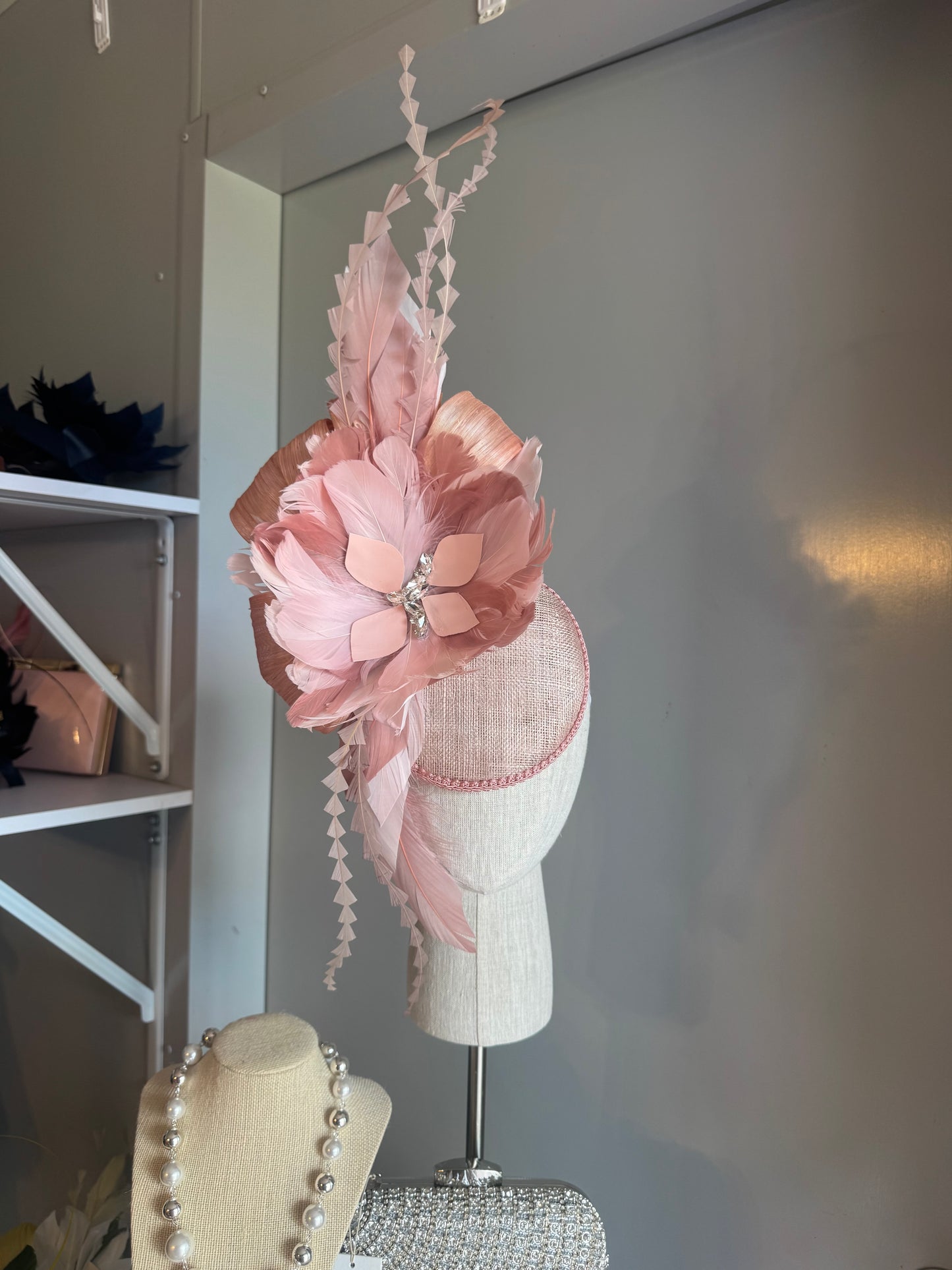 “Melinda” blush pink feather statement