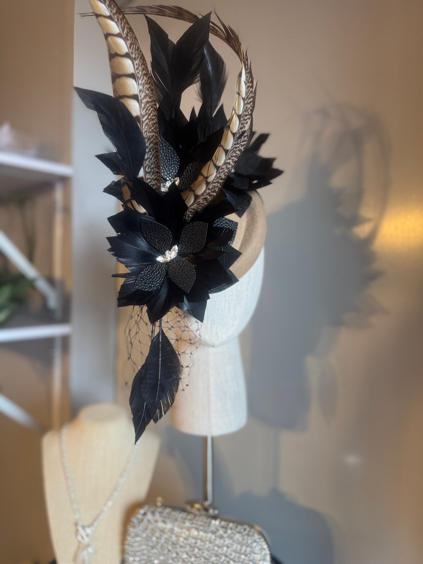 “Dimity” black latte feather pleather statement pillbox