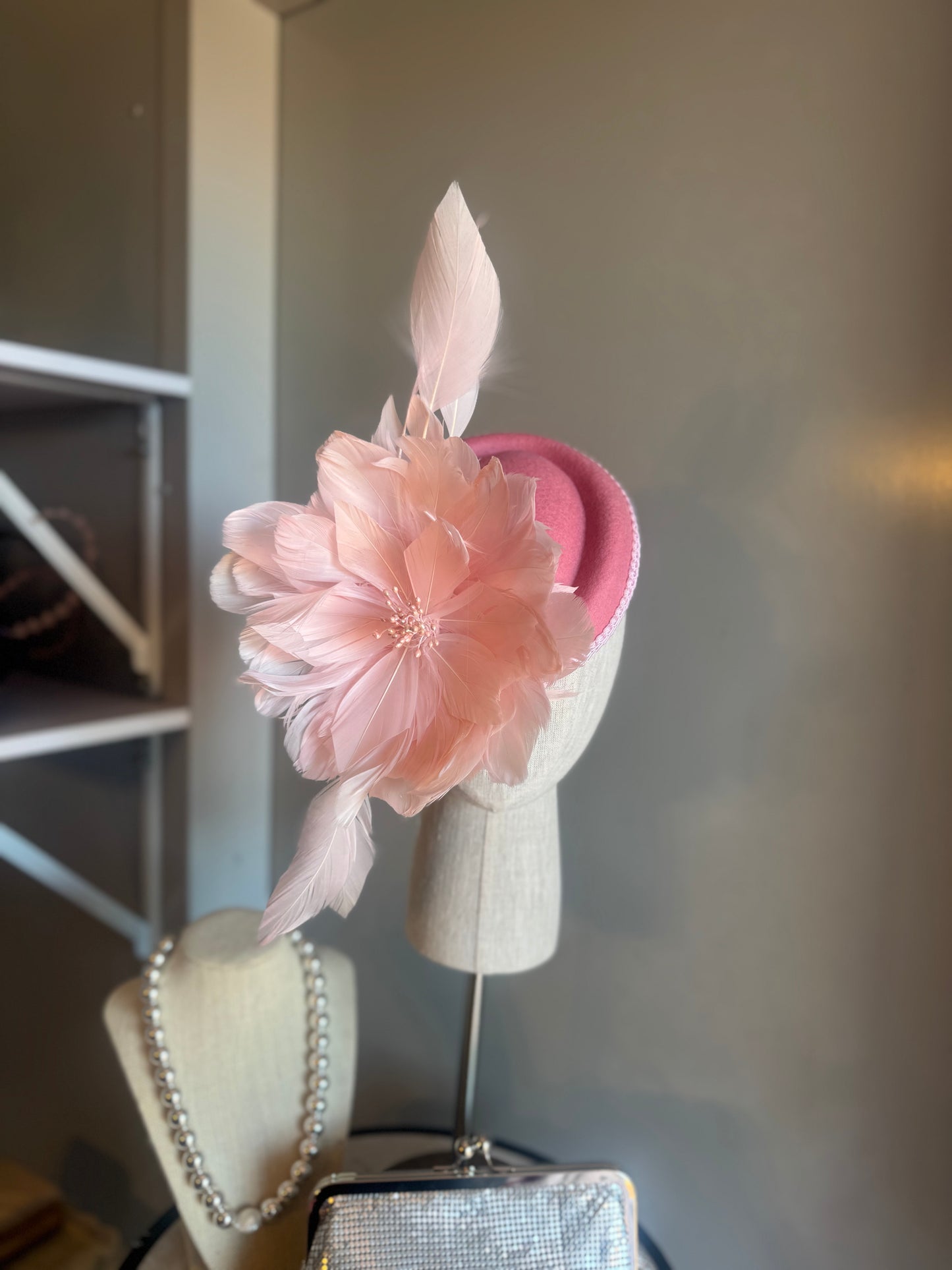 “Merridi” pink feather statement pillbox