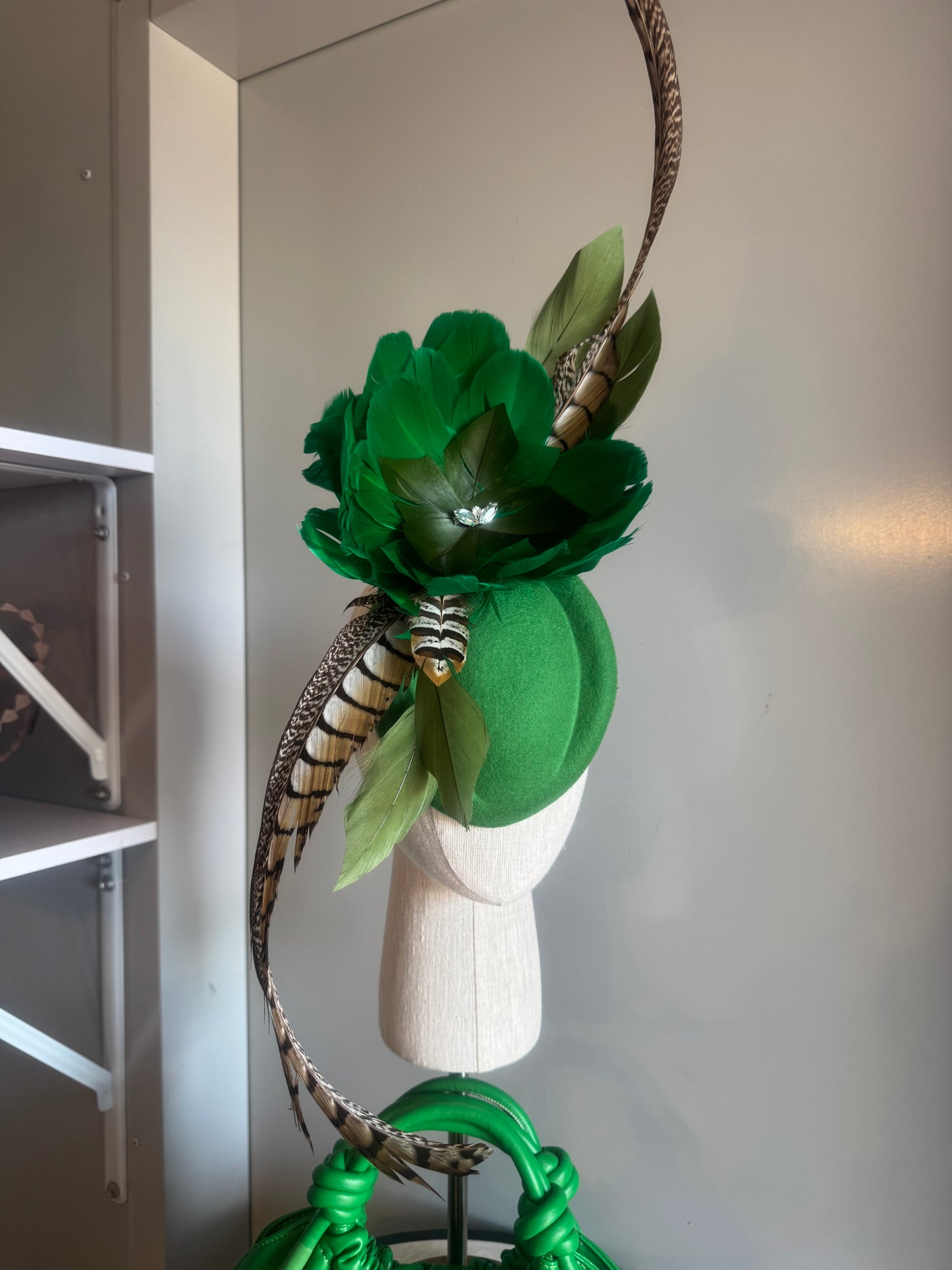 “Carla” Green feather statement felt/wool pillbox