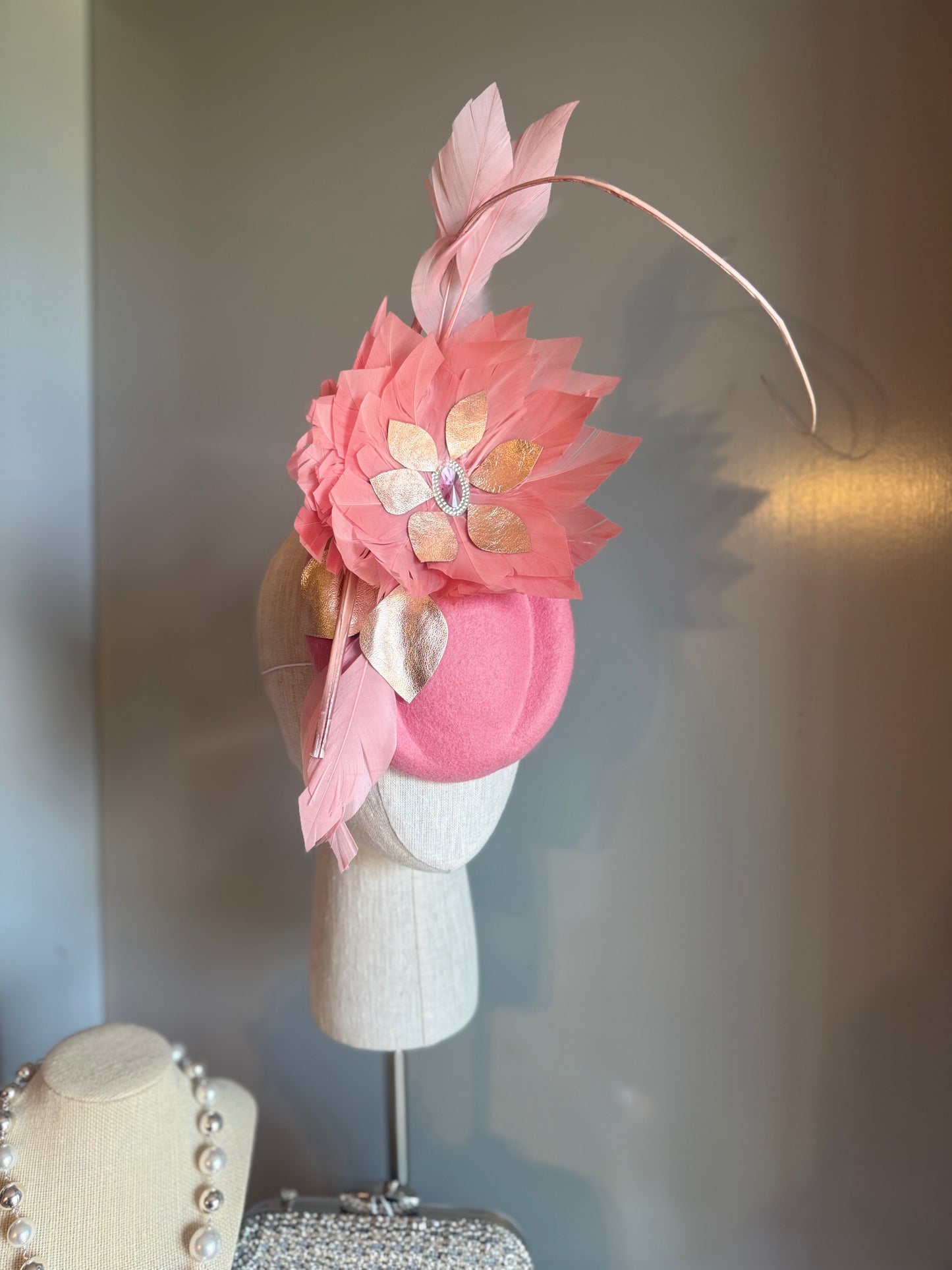 “Trish” pink & Rose gold feather statement