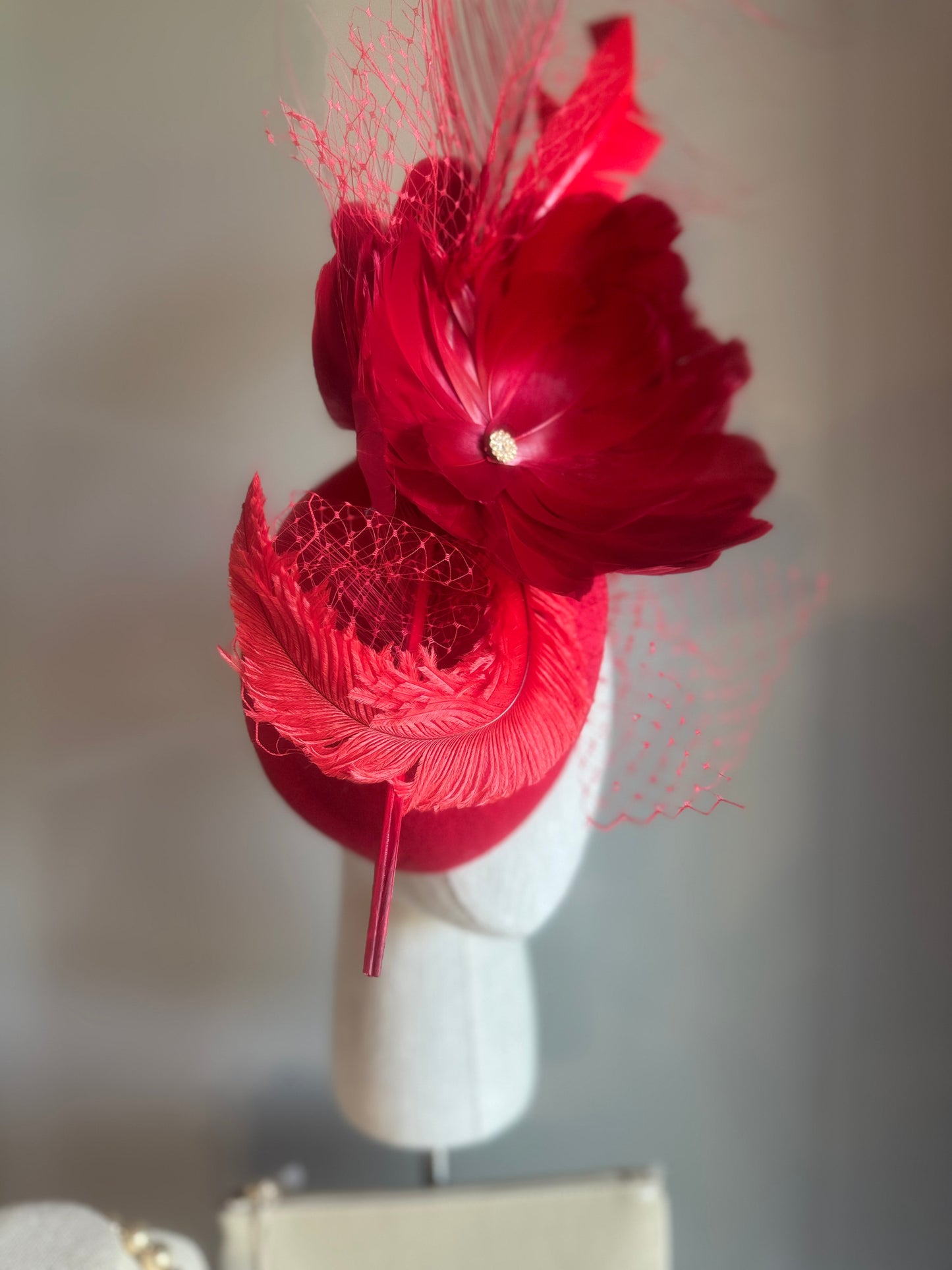 “Porsha” red feather statement pillbox