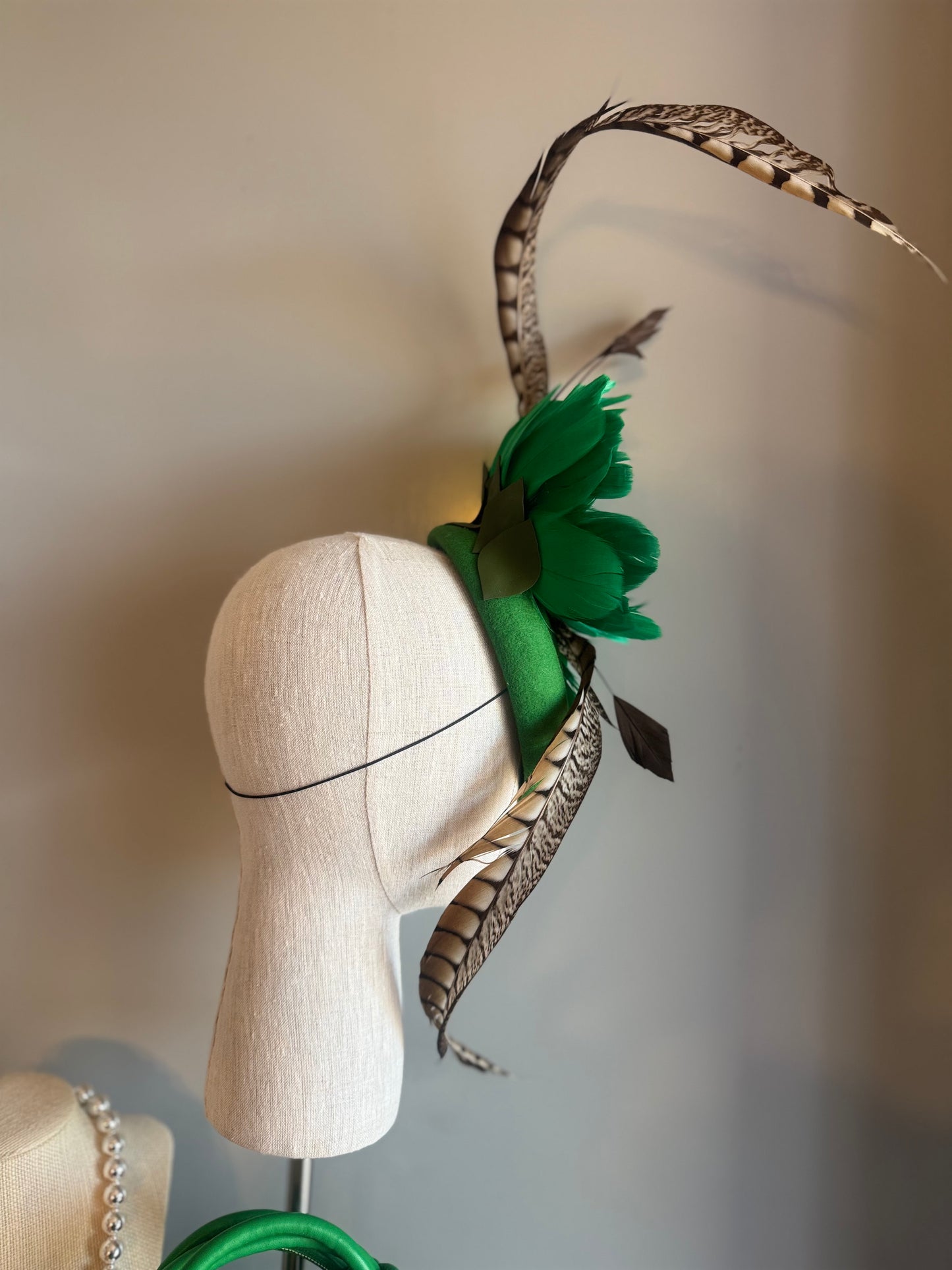 “Sim” Green feather statement pillbox