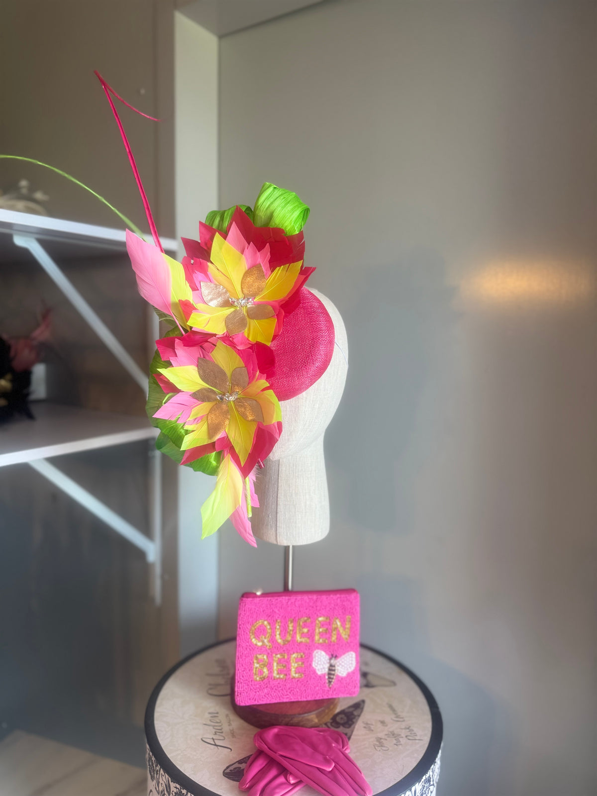 “Morgan” hot pink,neon lime green feather statement