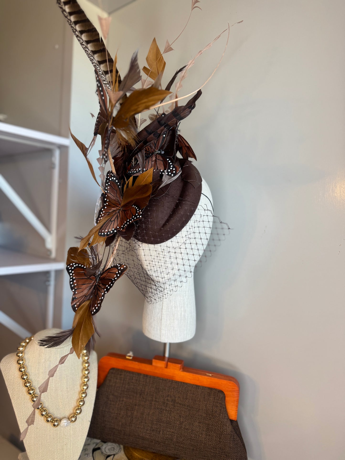 “Iris” Brown feater Butterfly felt/wool statement