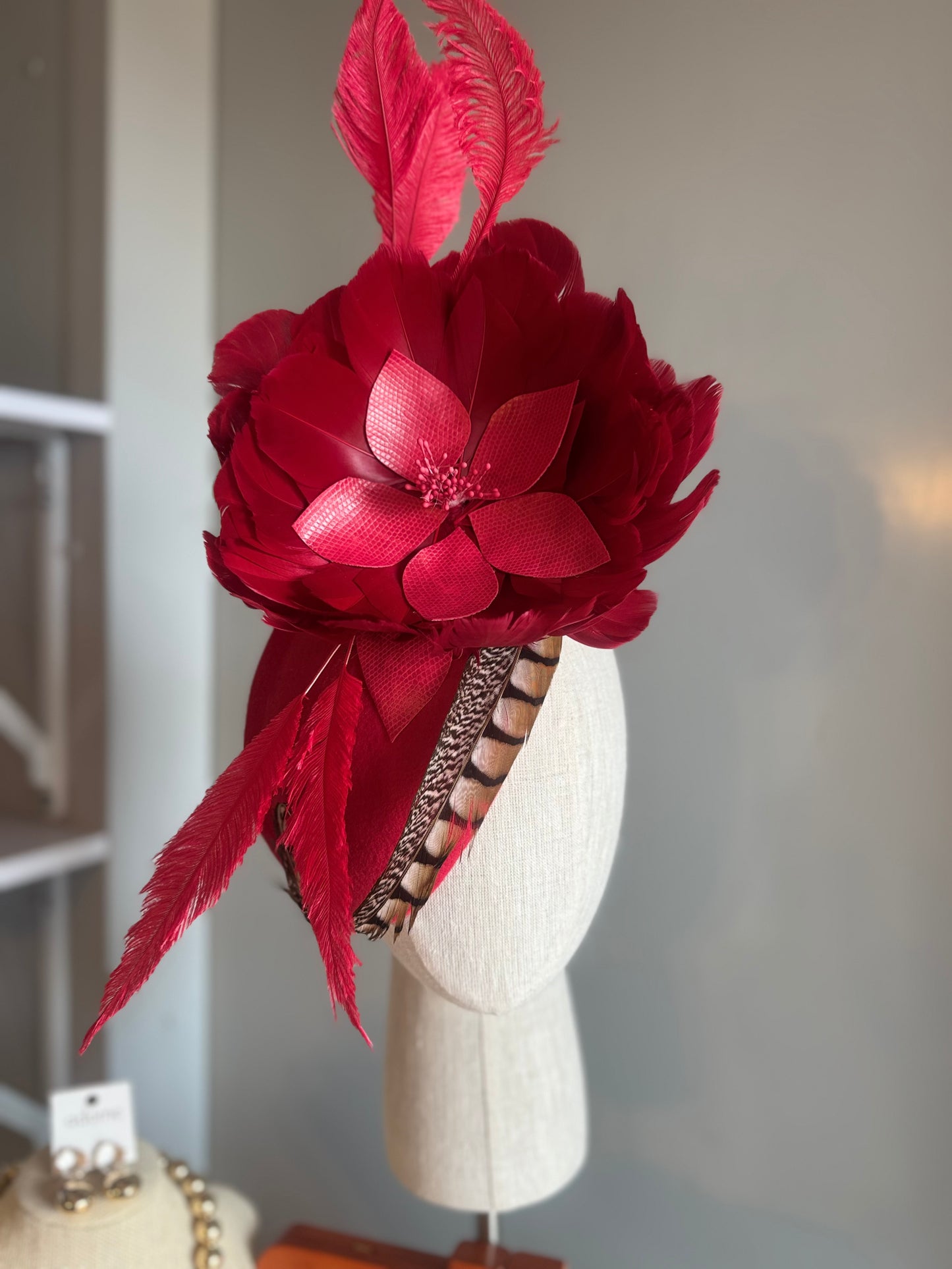 “Dixie” Red feather felt/wool pillbox