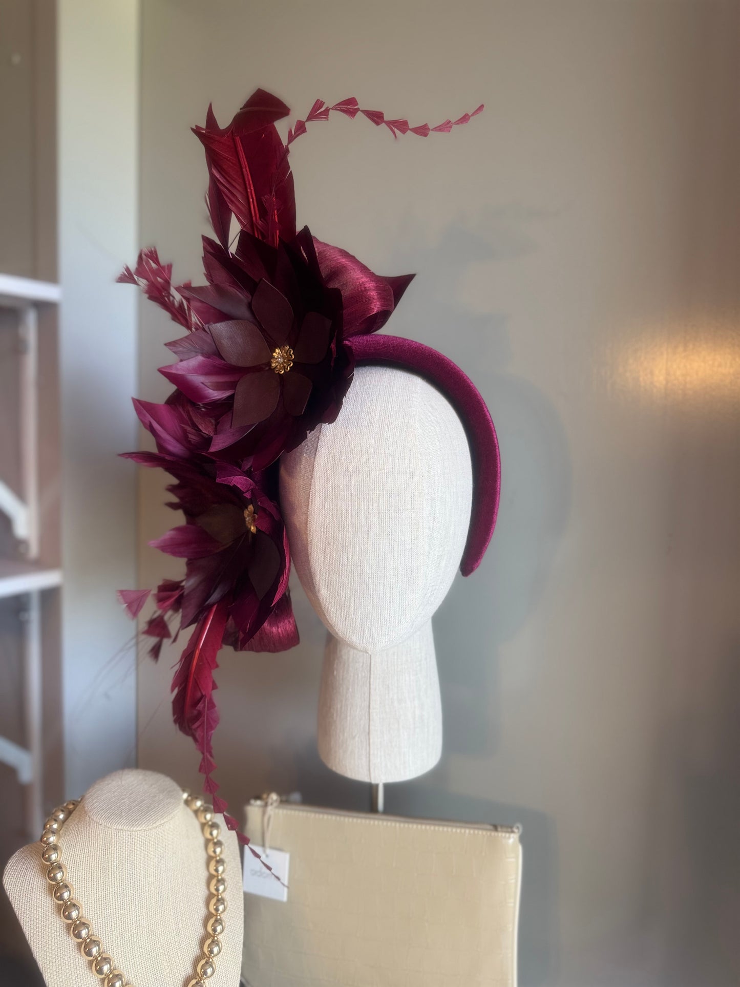 “Jenny” burgundy feather statement