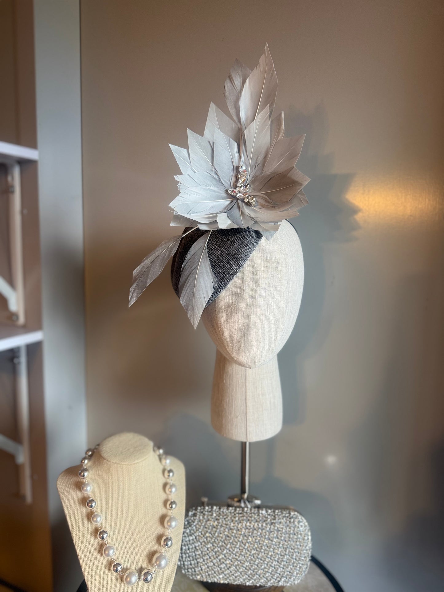 “Sylvie” grey feather linen pillbox
