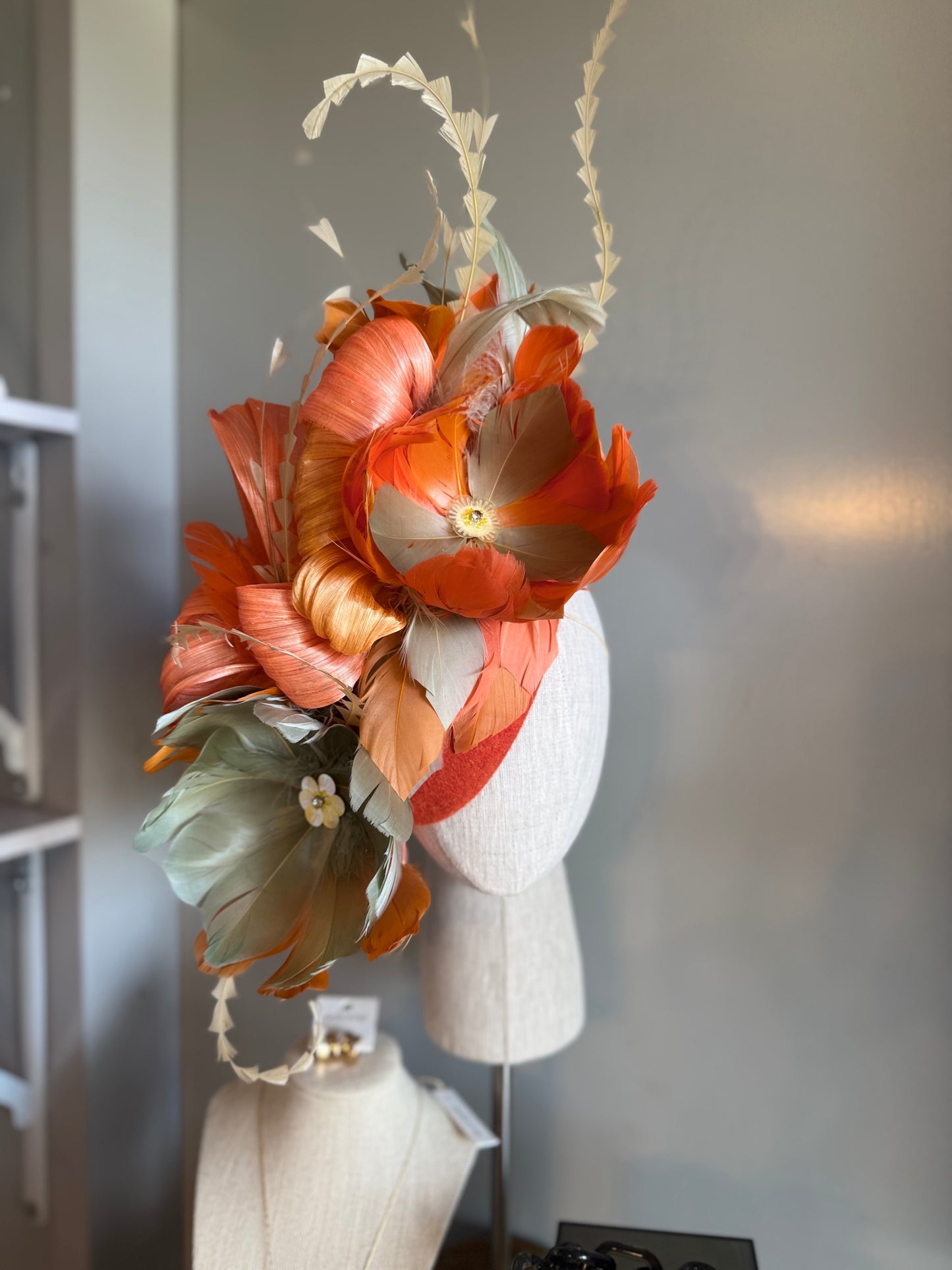 “August” orange,coral and moss feather statement