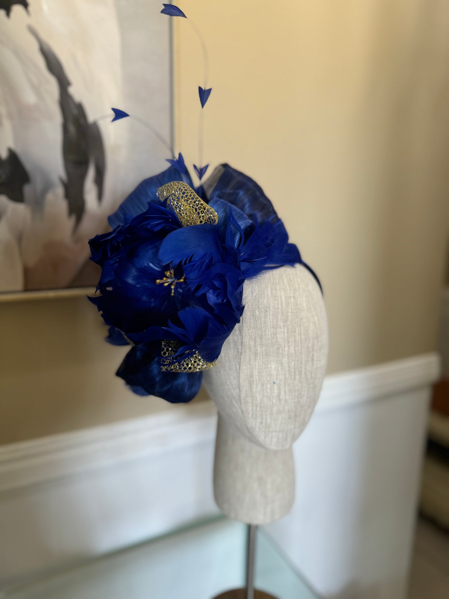 “Roslyn” cobalt & gold feather floral