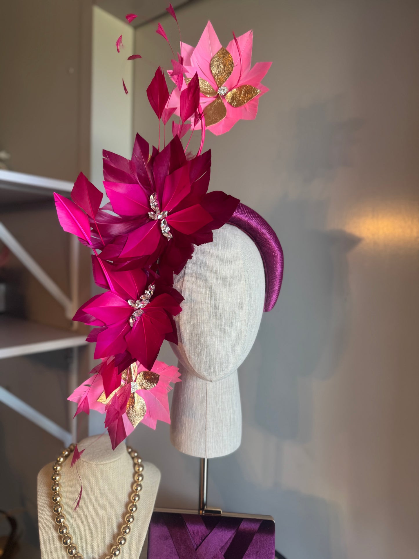 “Bridgette” magenta hot pink & gold feather statement