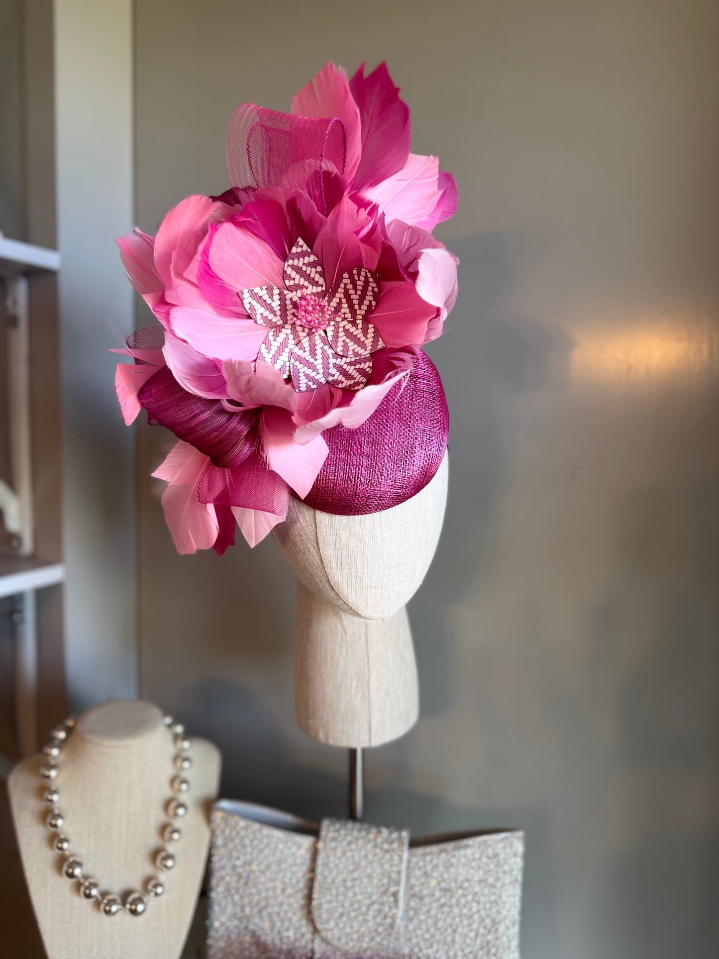 “Dimity” pink feather floral statement fascinator