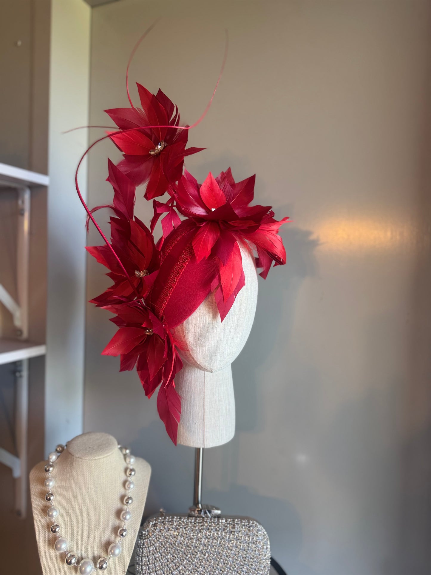“Odette” Red feather statement felt/wool pillbox