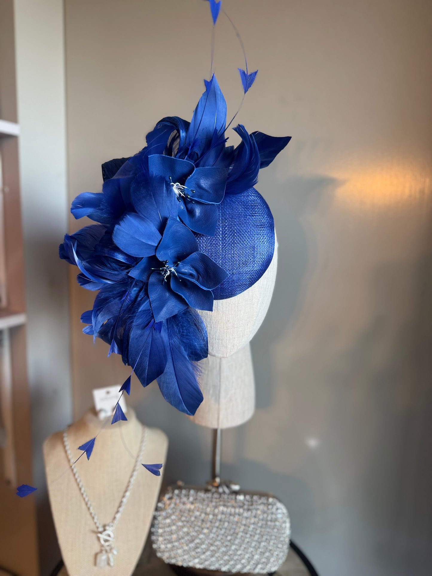 “Felicity” Blue feather & leather floral