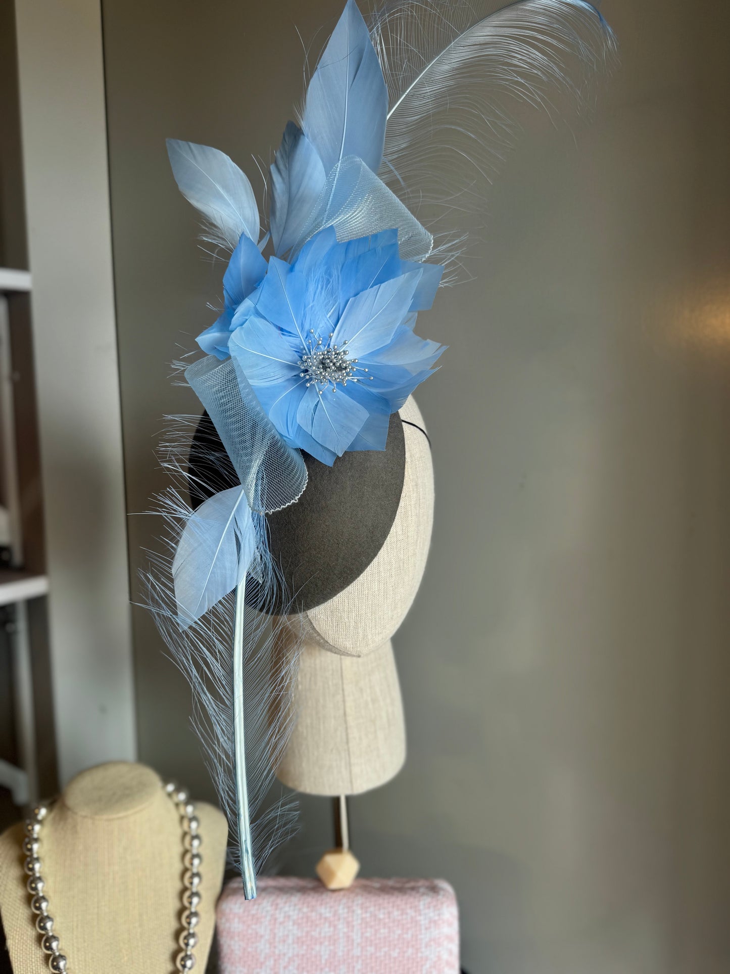 “Peta” blue & slate statement felt/wool pillbbox