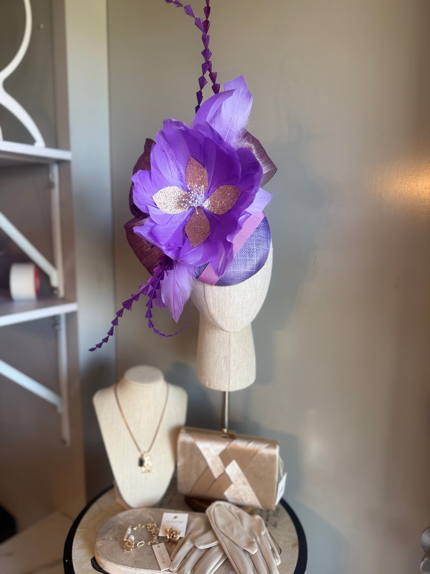 “Audrey” purple lilac rose gold feather floral