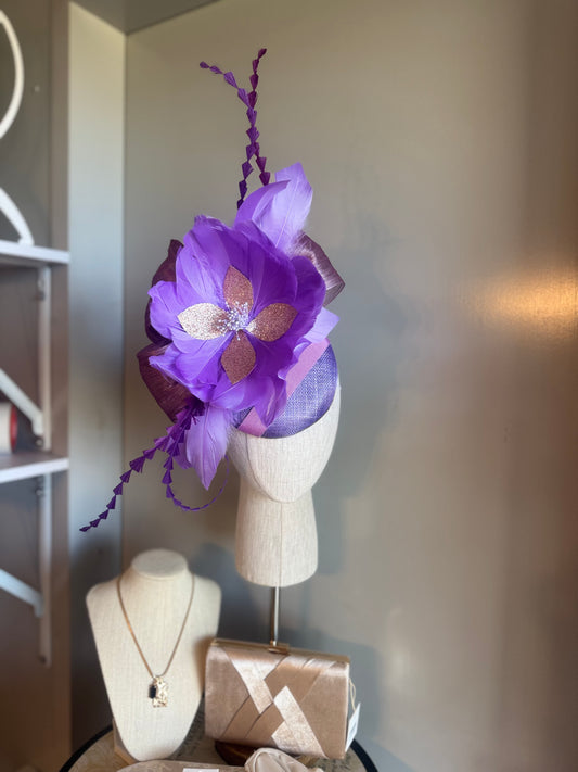 “Audrey” purple lilac rose gold feather floral