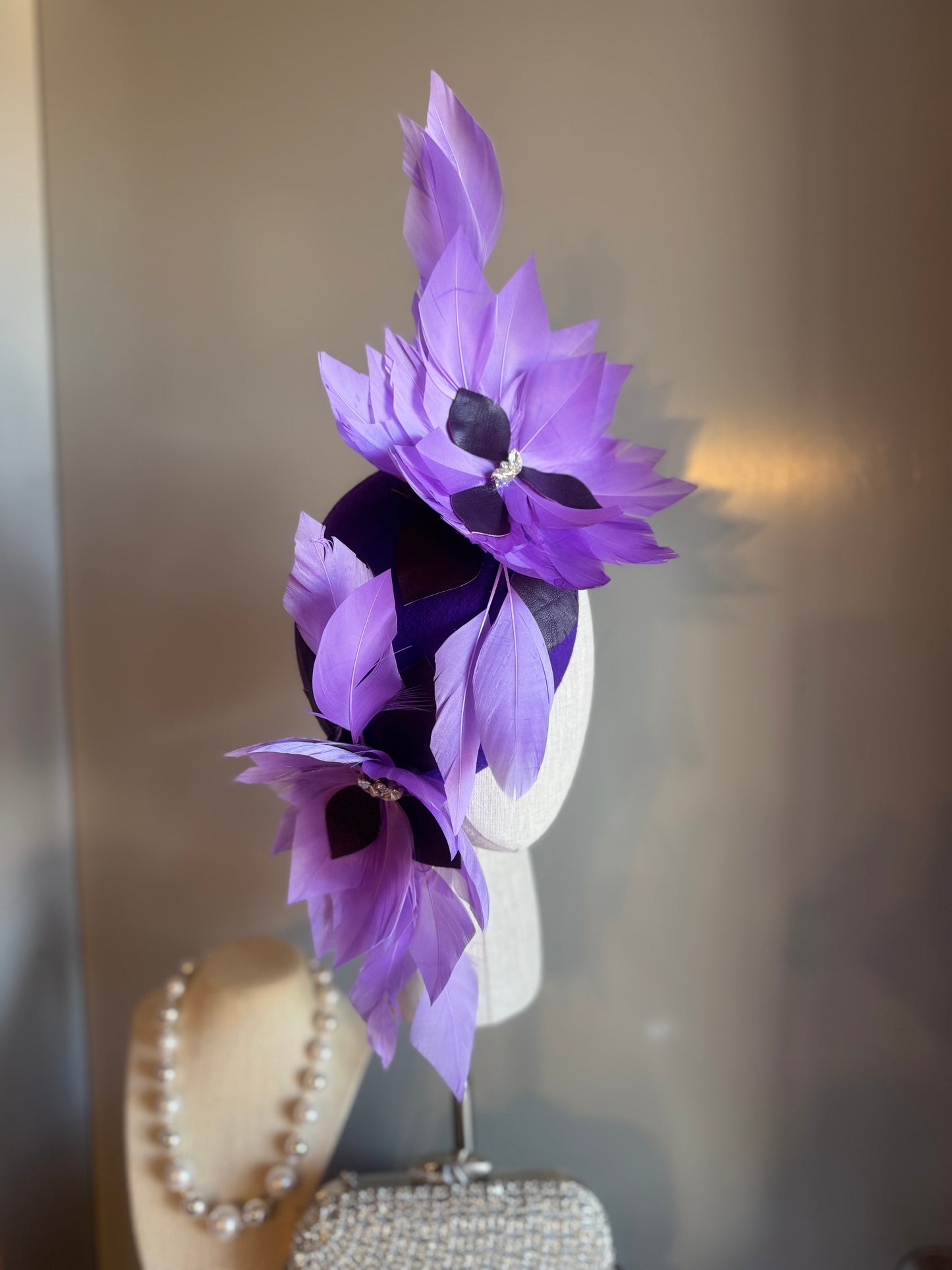 “Eleni” purple feather, leather & felt/wool statement