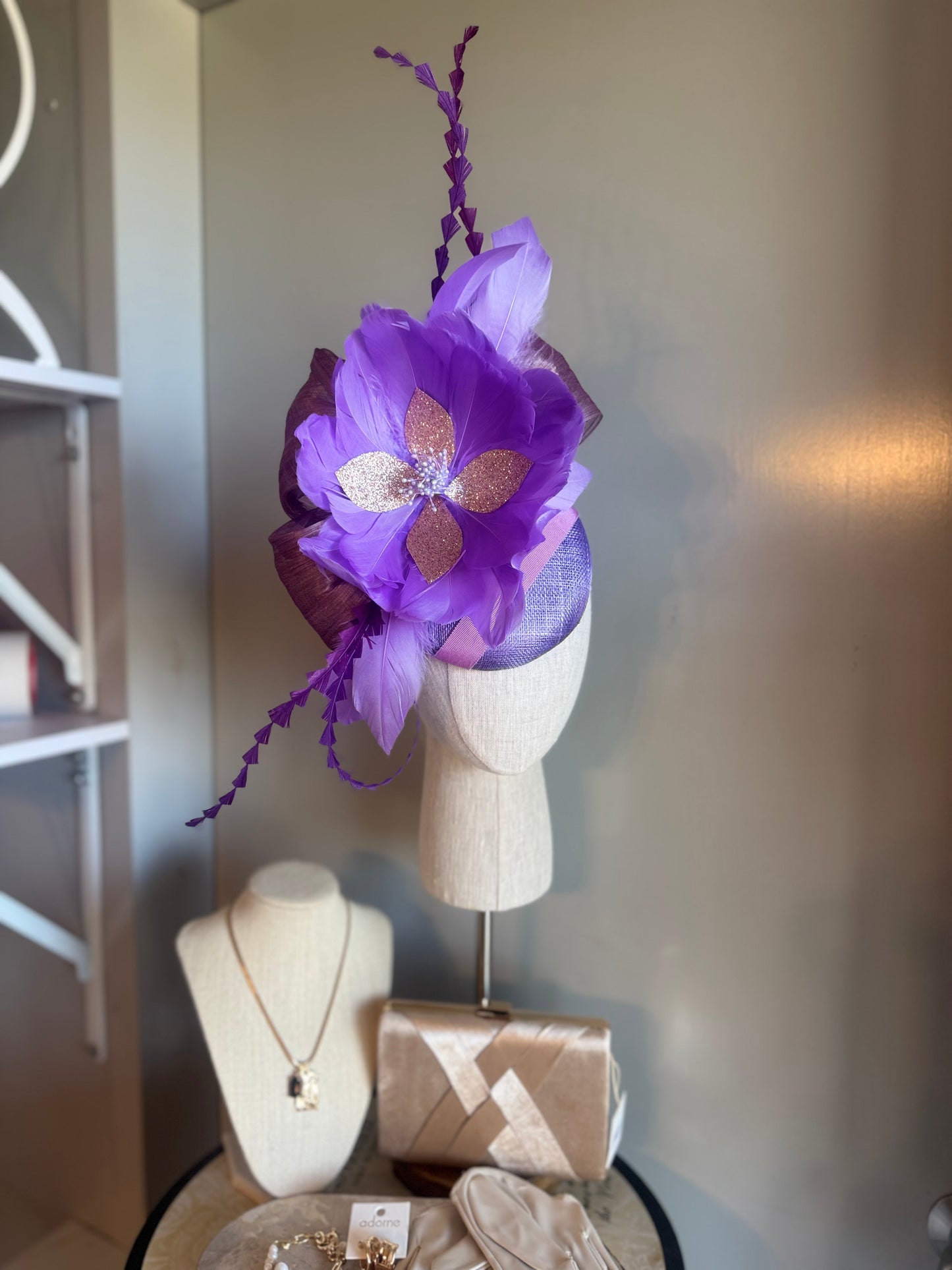 “Audrey” purple lilac rose gold feather floral