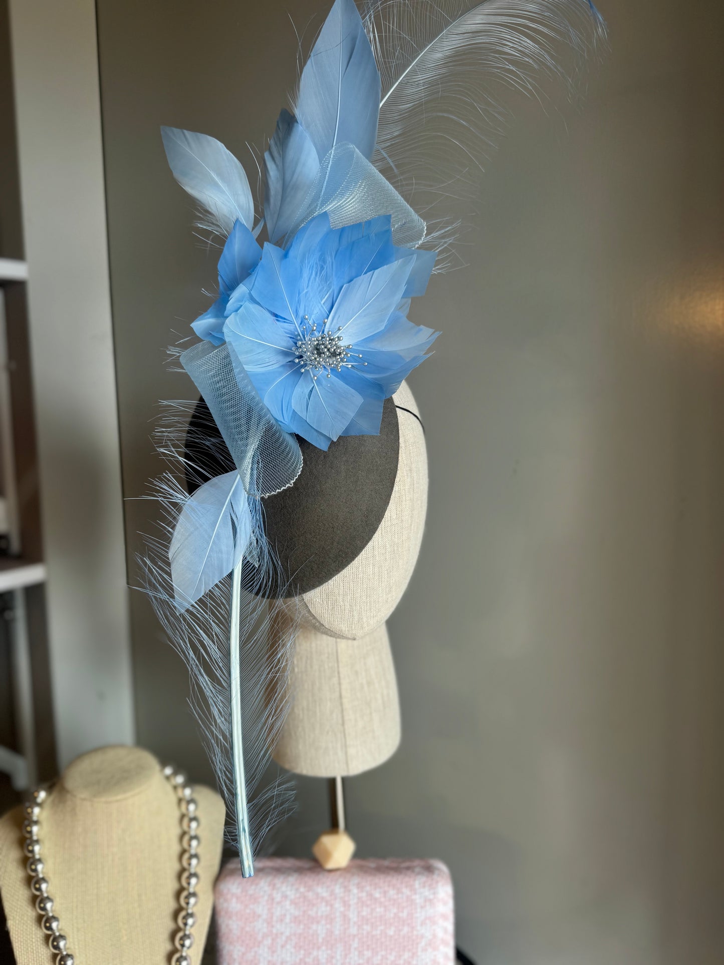 “Peta” blue & slate statement felt/wool pillbbox