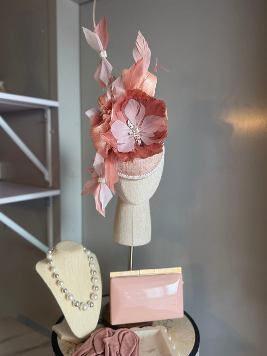 “Sophia” dusty pink & white feather statement
