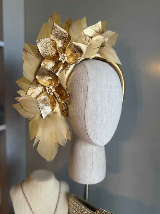 “Anna”Gold leather and feather statement