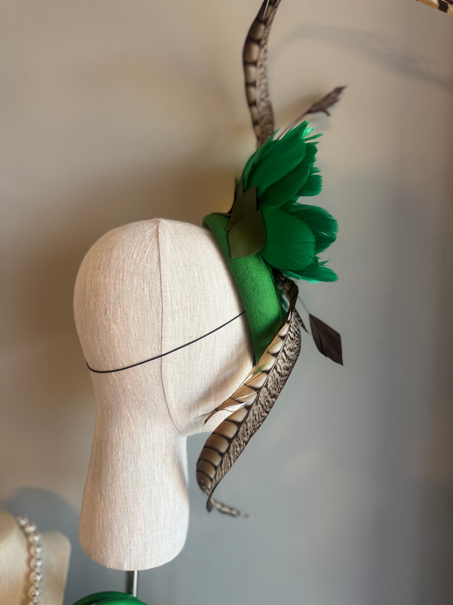 “Sim” Green feather statement pillbox