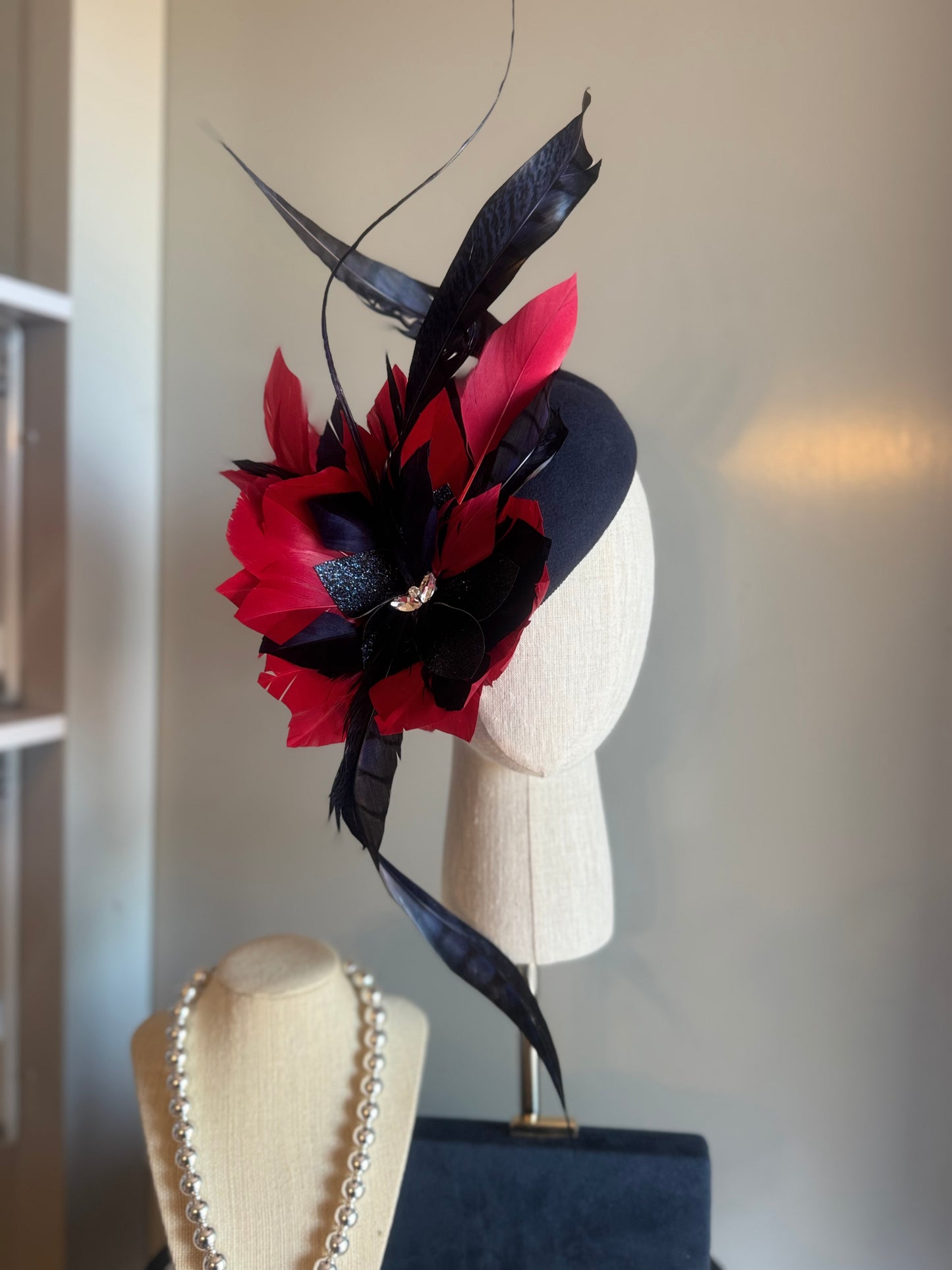 “Farrah” Navy & red statement felt/wool pillbox