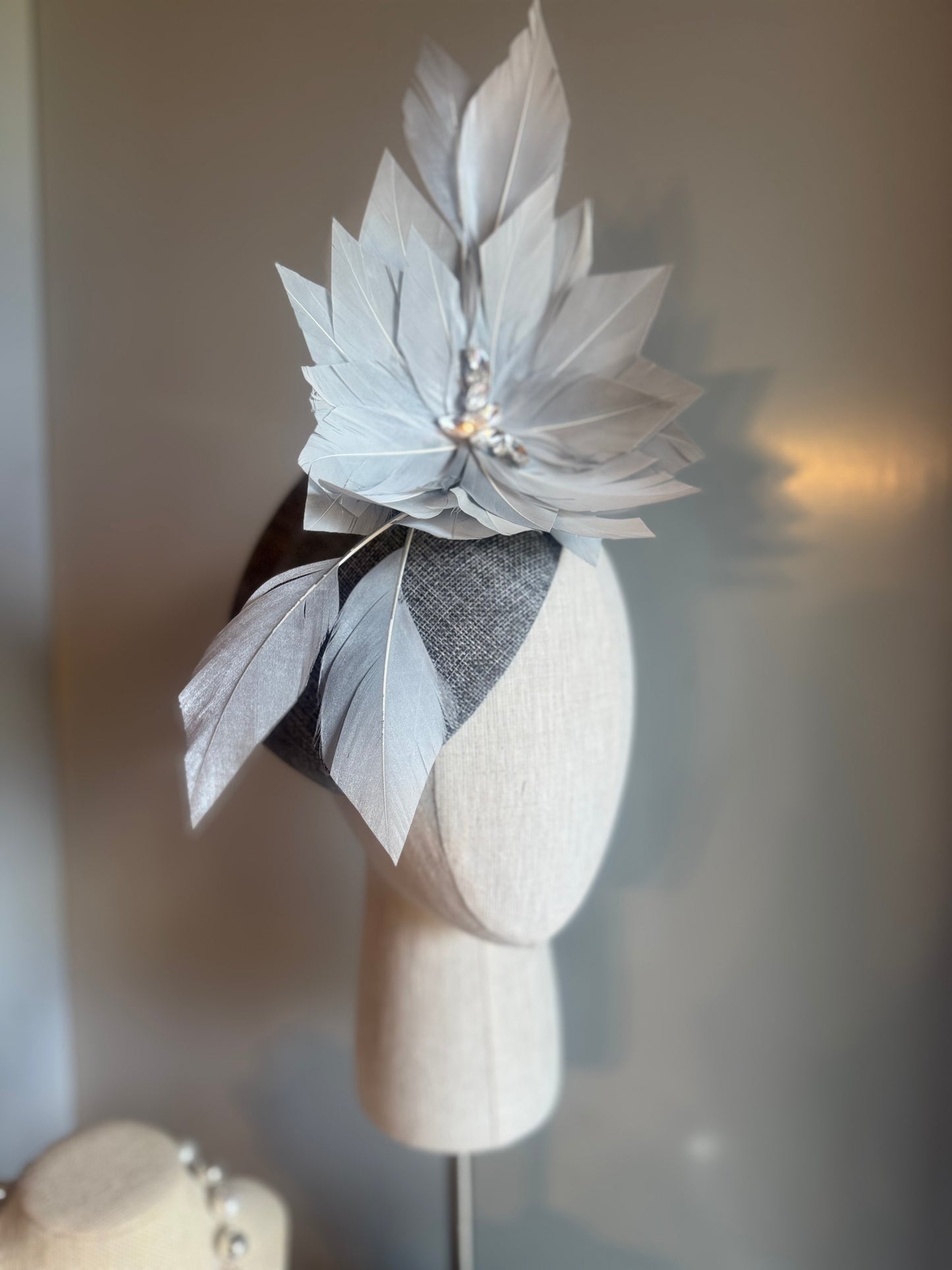 “Sylvie” grey feather linen pillbox