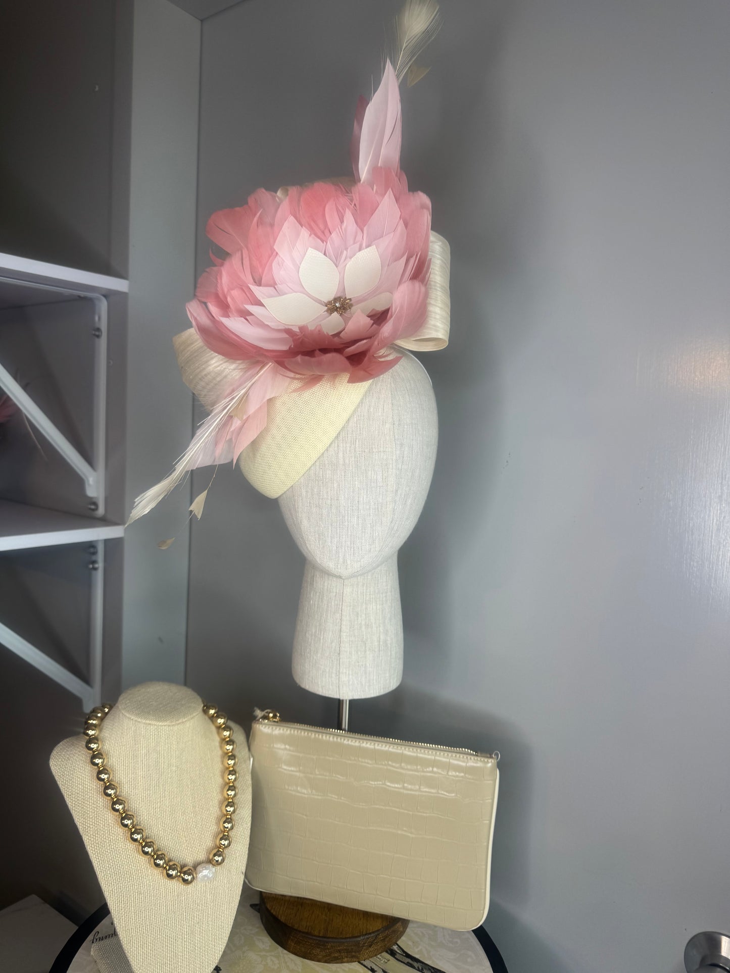 “Sara may” cream & pink feather statement pillbox