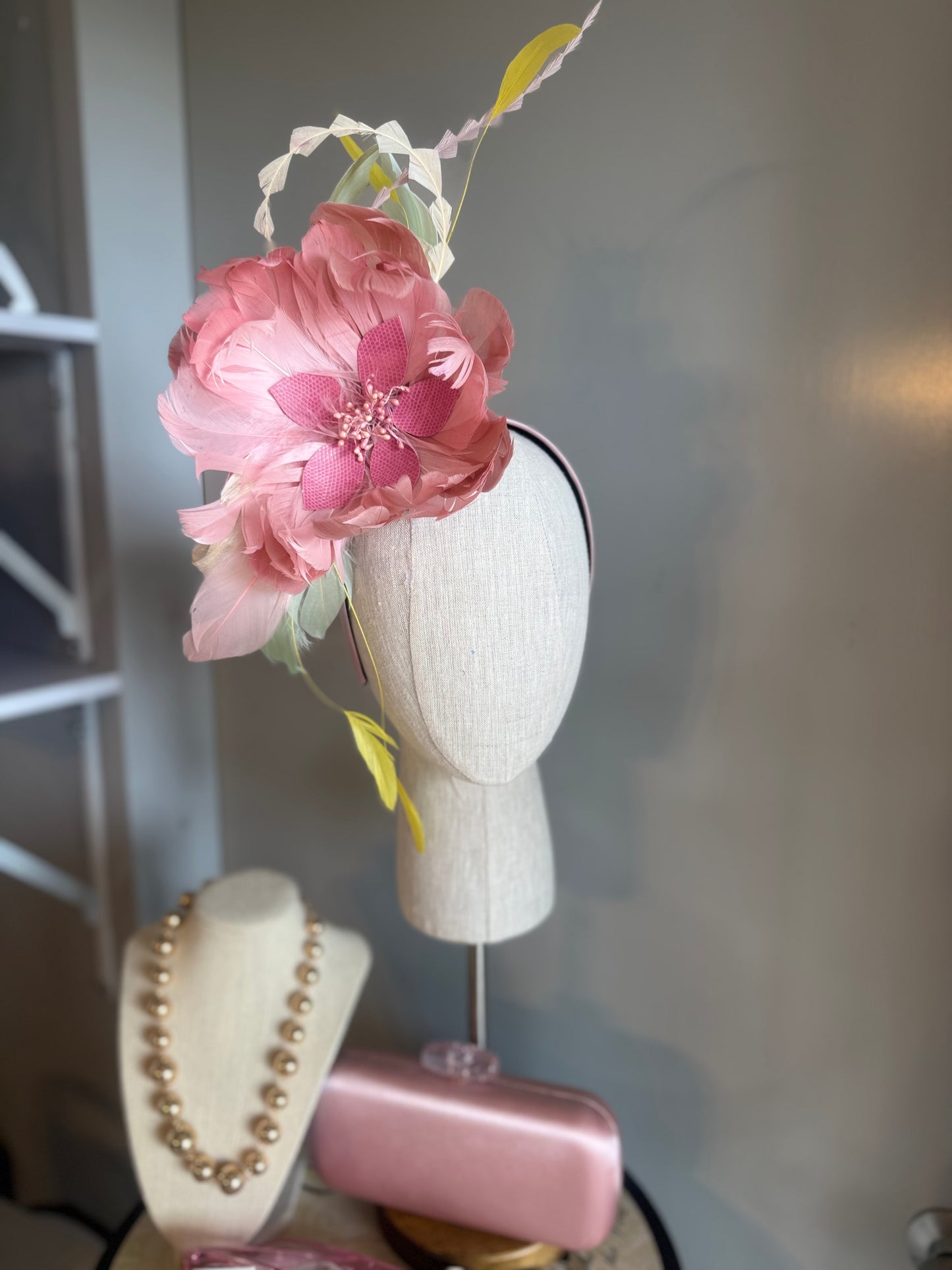 “Fleur” soft pinks,greens & yellow feather floral