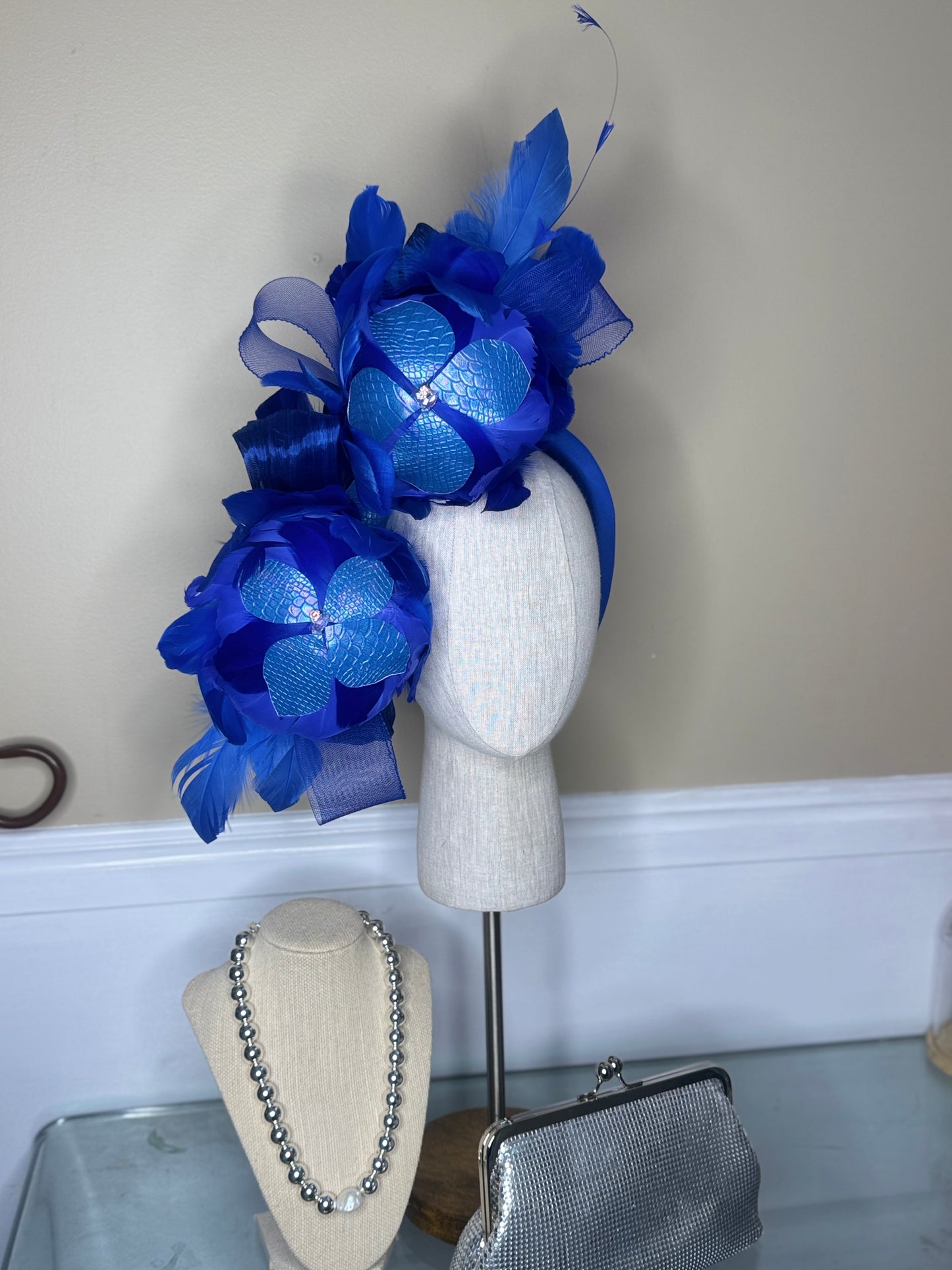 “Farrah” blue feather statement fascinator