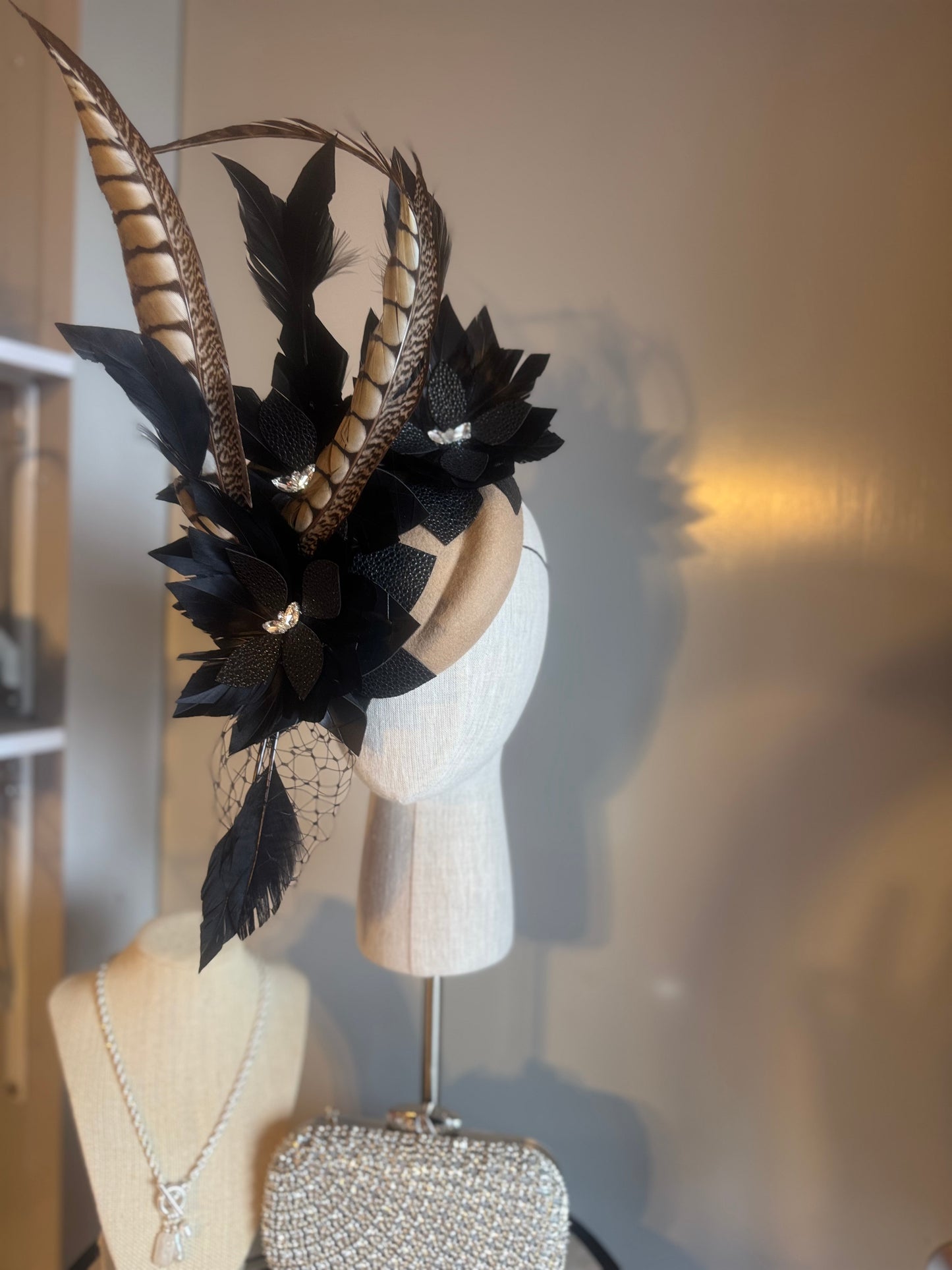 “Dimity” black latte feather pleather statement pillbox